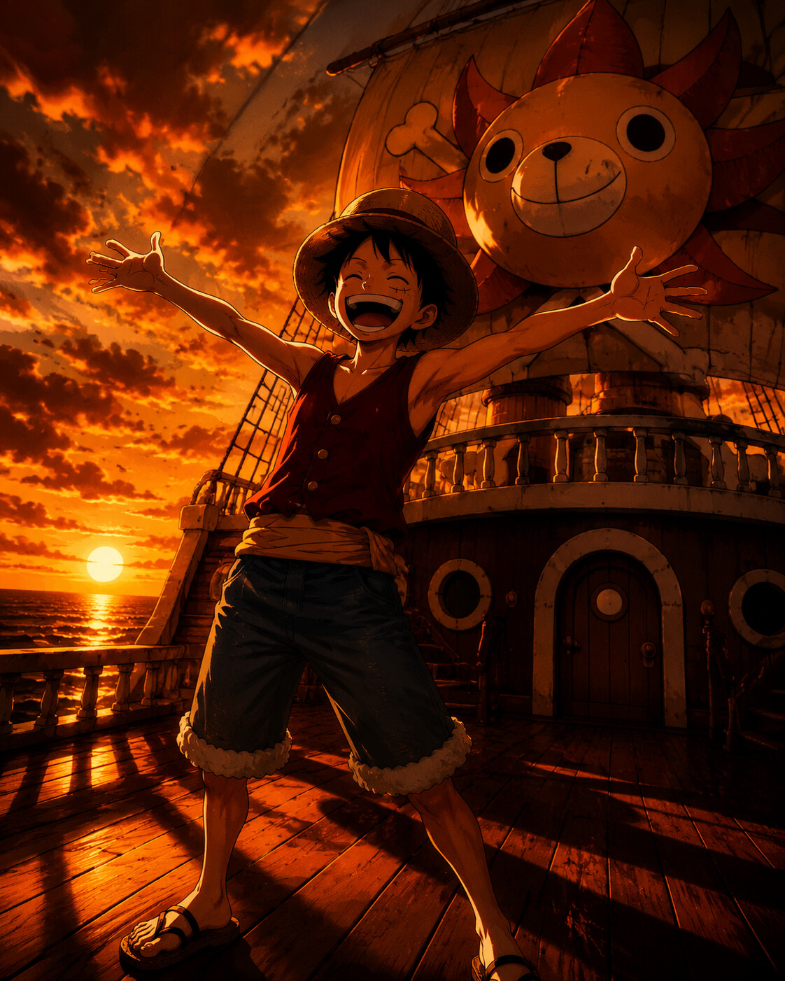 Laughing joyfully with his arms stretched wide on the deck of the Thousand Sunny at sunset (cinematic noir)