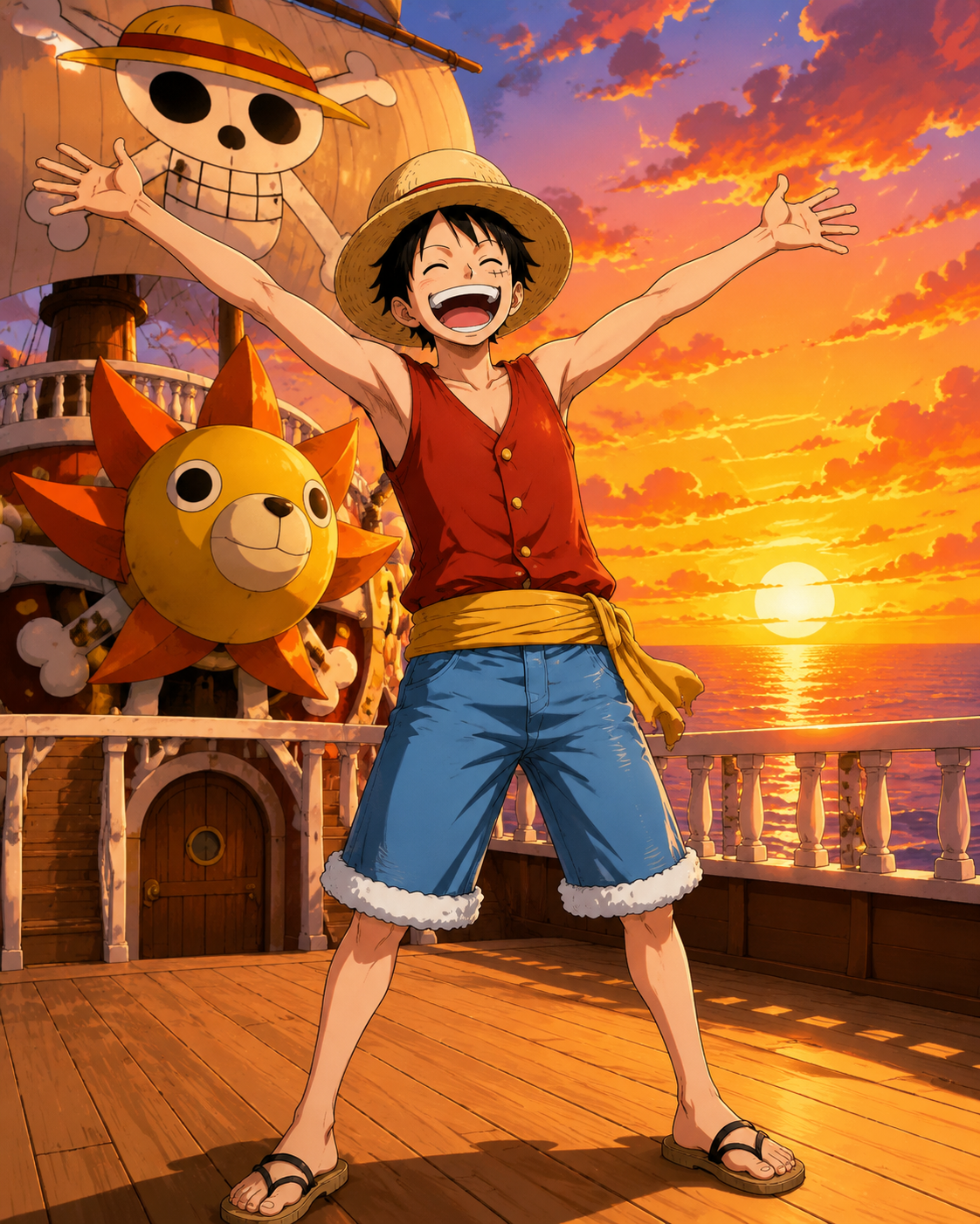 Laughing joyfully with his arms stretched wide On the deck of the Thousand Sunny at sunset (vibrant anime cel-shading, bold lines)