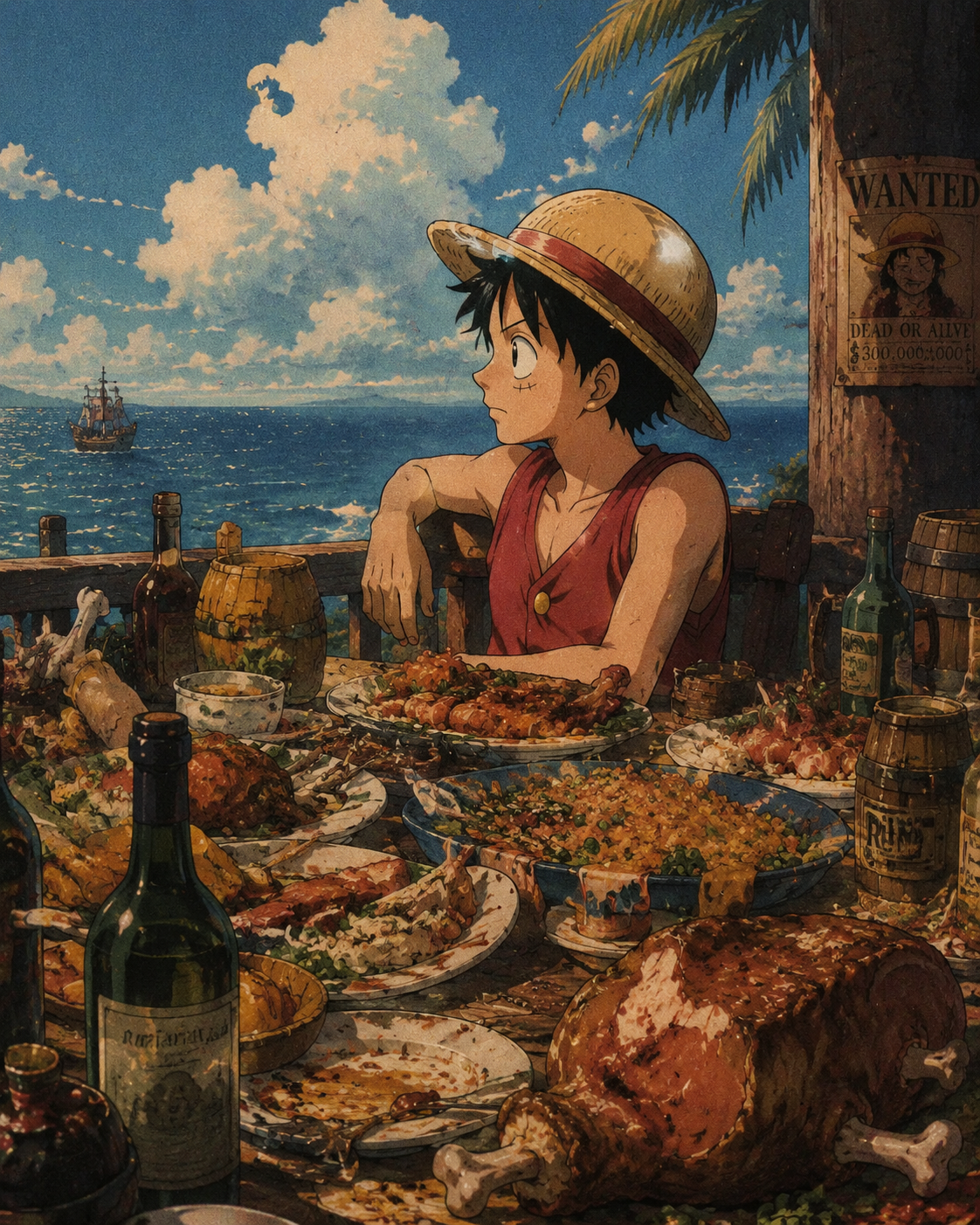 Looking out at the sea with quiet focus At a chaotic banquet table filled with food (90s retro aesthetic, film grain)