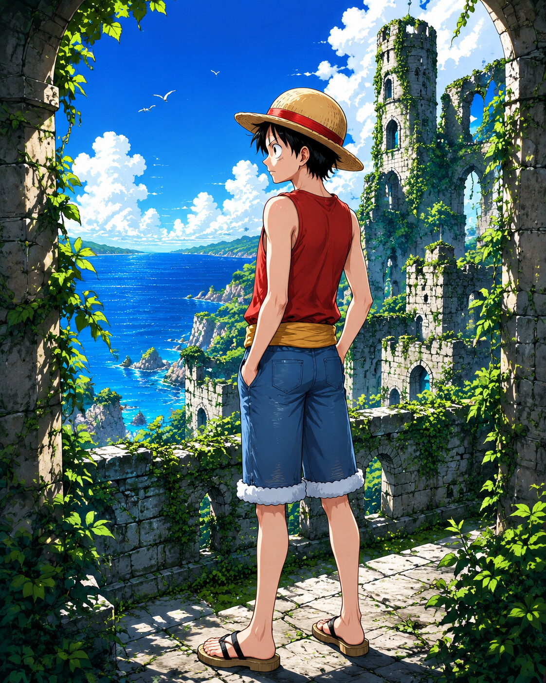 Looking out at the sea with quiet focus in a ruined castle overgrown with vines (vibrant anime cel-shading)