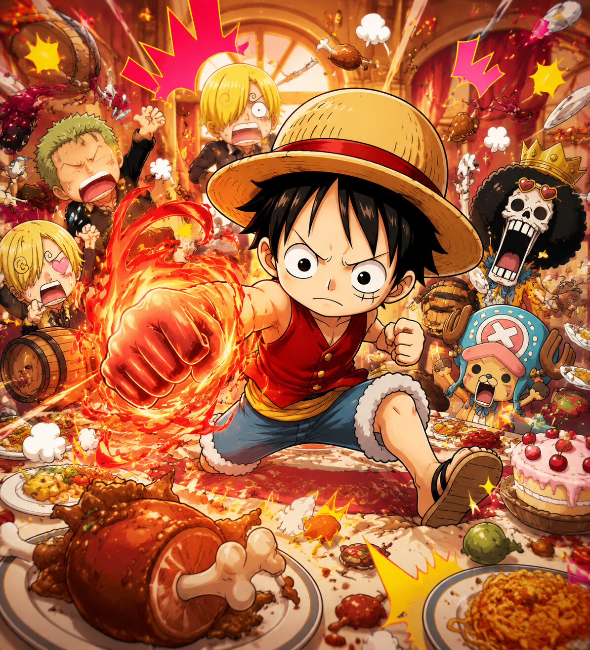 Preparing a devastating Red Hawk punch at a chaotic banquet table filled with food (cute chibi style)