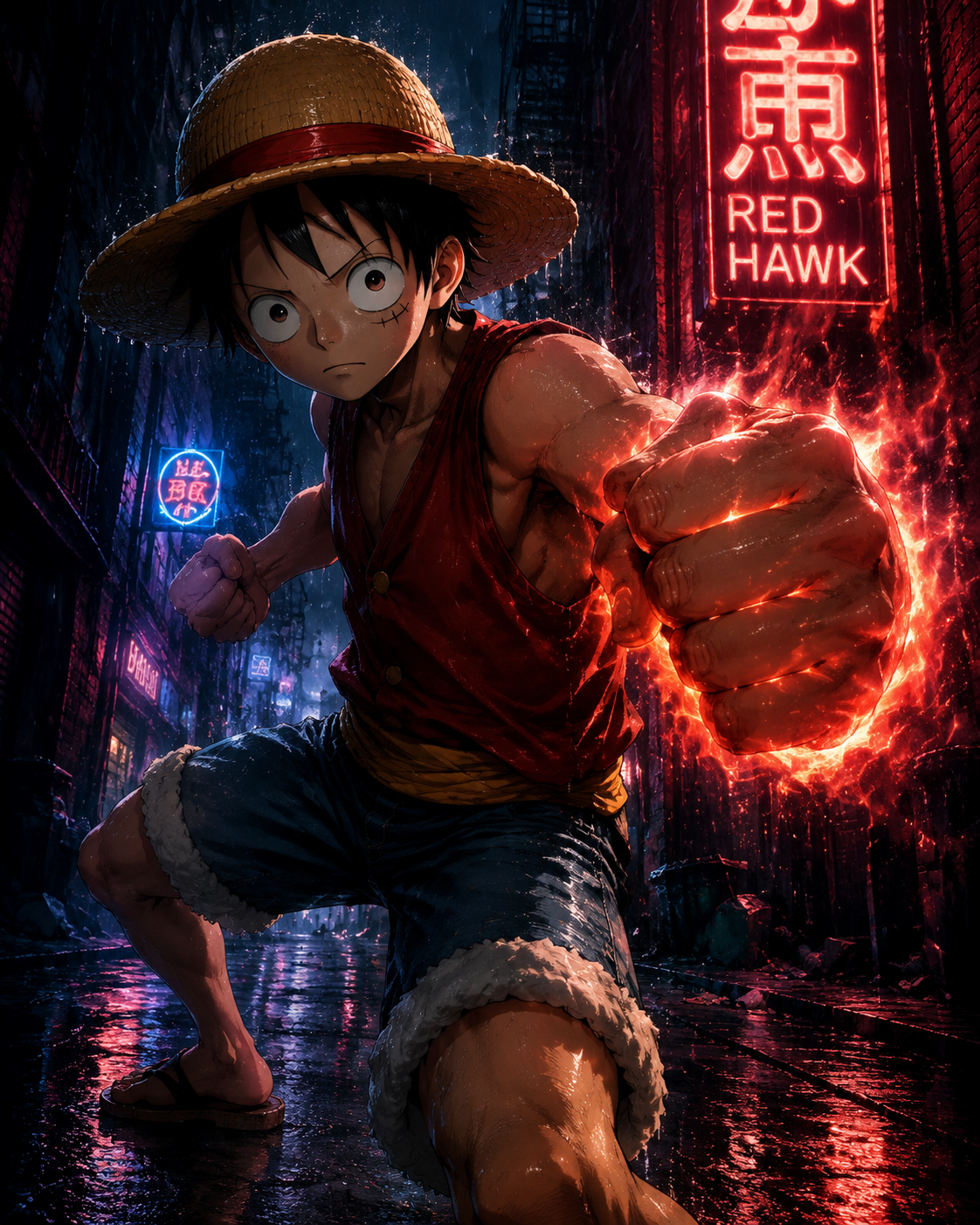 Preparing a devastating red hawk punch In a rain-slicked alleyway under neon signs (cinematic noir, high contrast shadows)