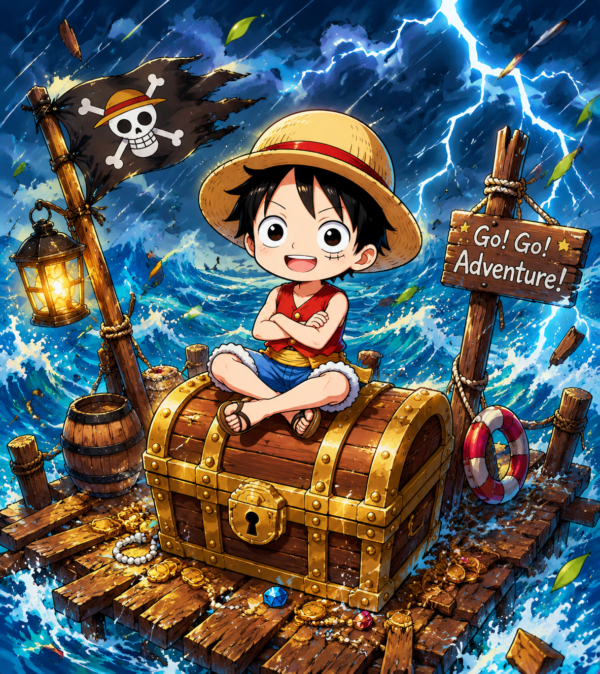 Sitting cross-legged on a giant treasure chest On a floating wooden pier during a gale (cute chibi style, bright pop colors)
