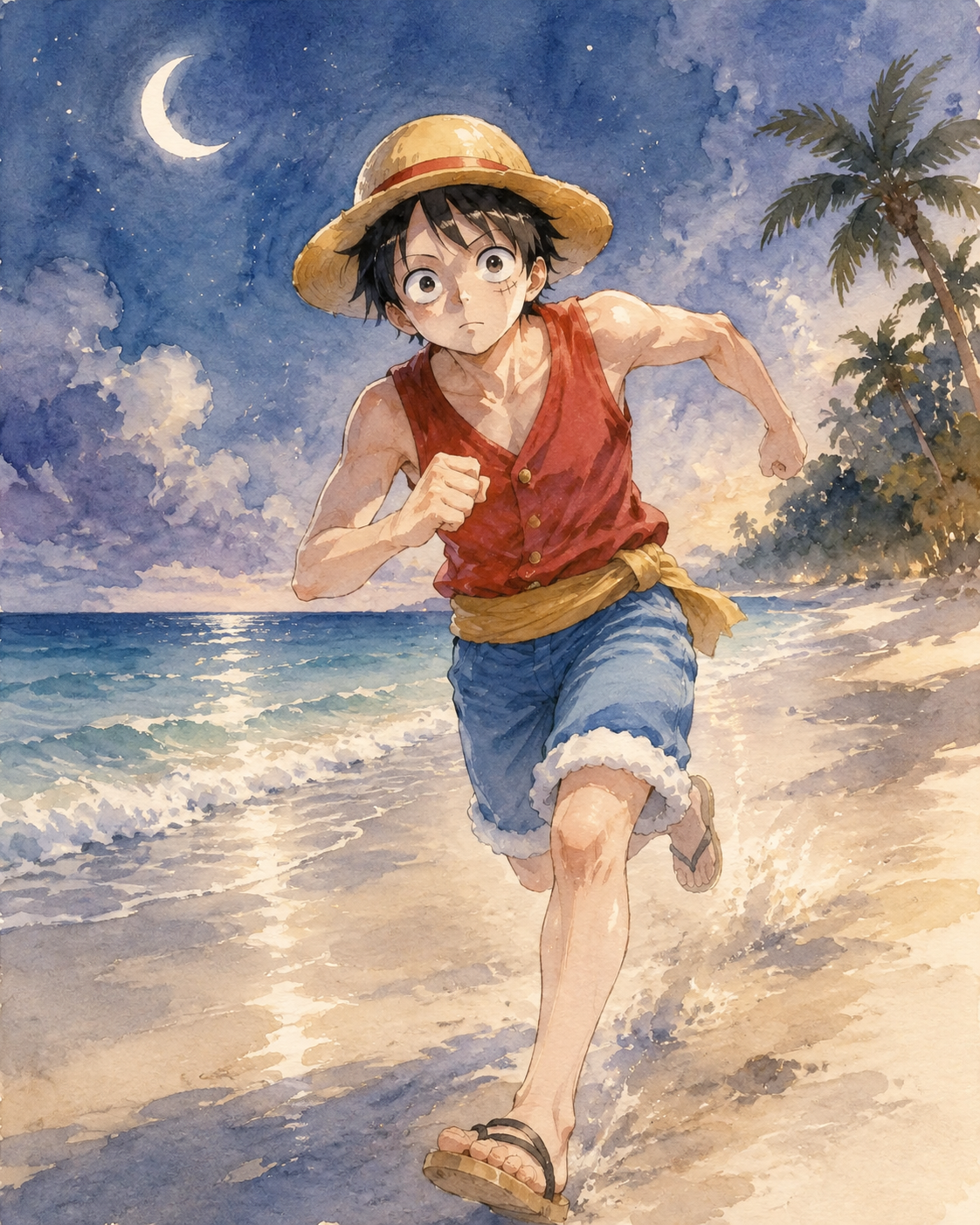 Sprinting through a crowded marketplace On a lonely beach beneath a crescent moon (soft watercolor painting, airy lighting)
