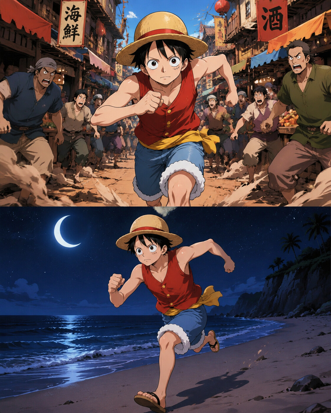 Sprinting through a crowded marketplace on a lonely beach beneath a crescent moon (vibrant anime cel-shading)