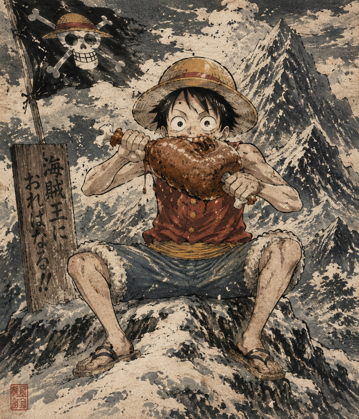 Stuffing his face with a giant ham hock At the peak of a snowy mountain (gritty woodblock print, traditional ink)