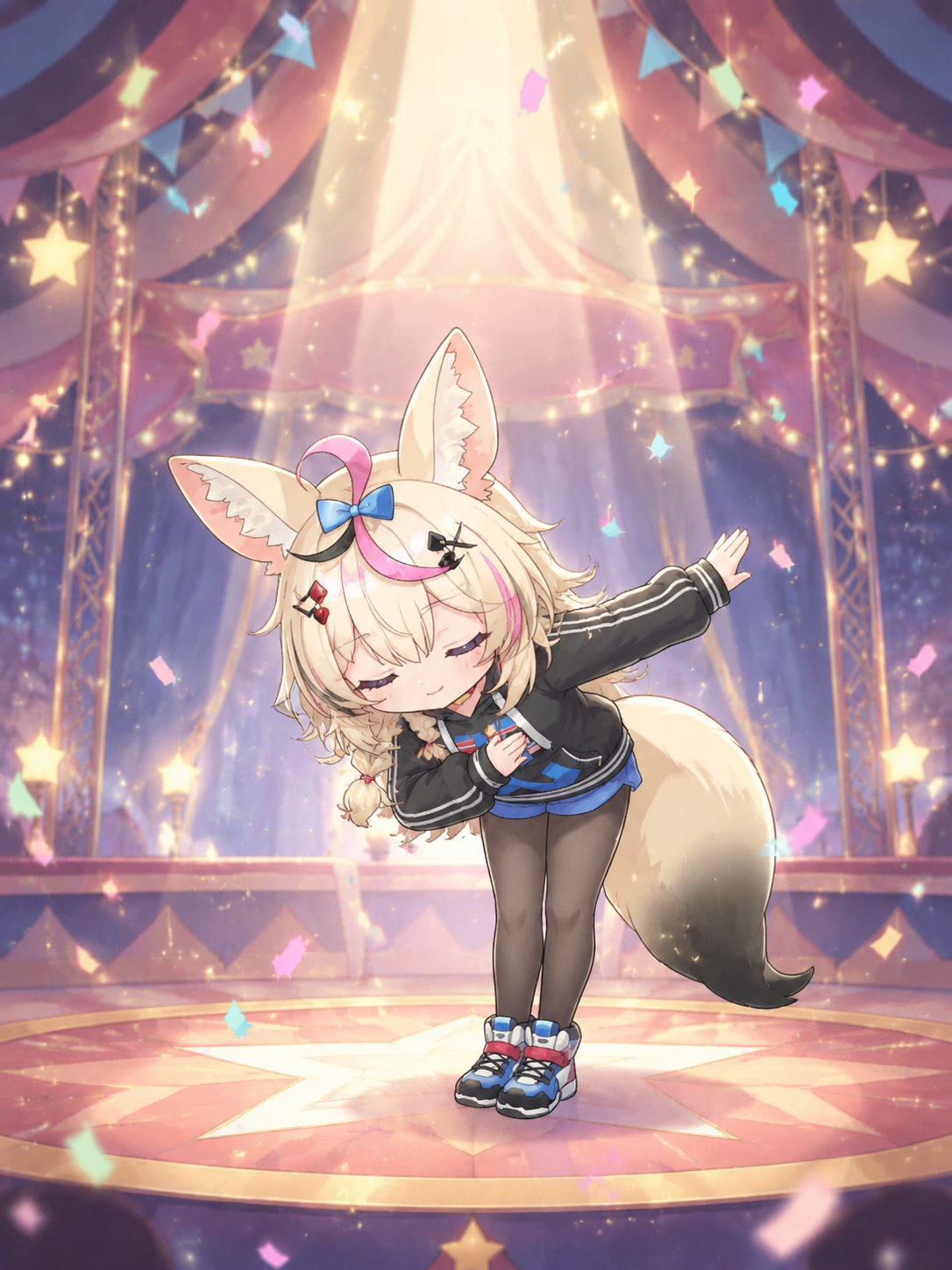 Bowing grandly to a cheering invisible audience Under the center spotlight of a grand circus tent (soft chibi art, pastel colors and sparkles)