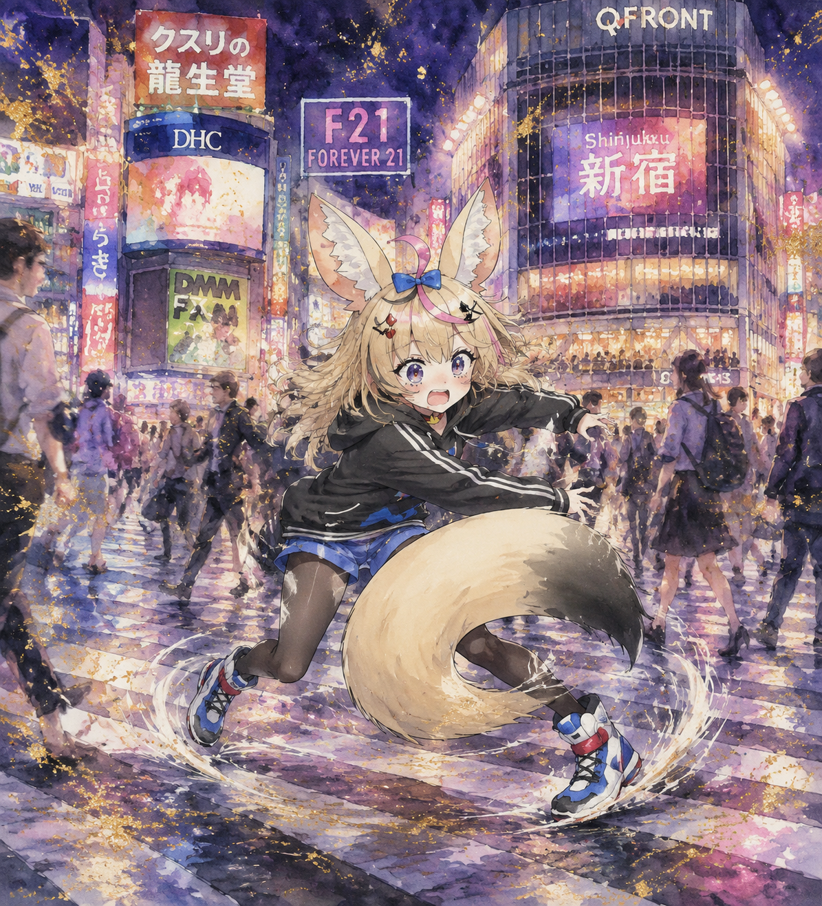 Chasing her own bushy tail in frantic circles In the middle of a bustling neon-lit Shinjuku crossing (ethereal watercolor, shimmering gold leaf accents)