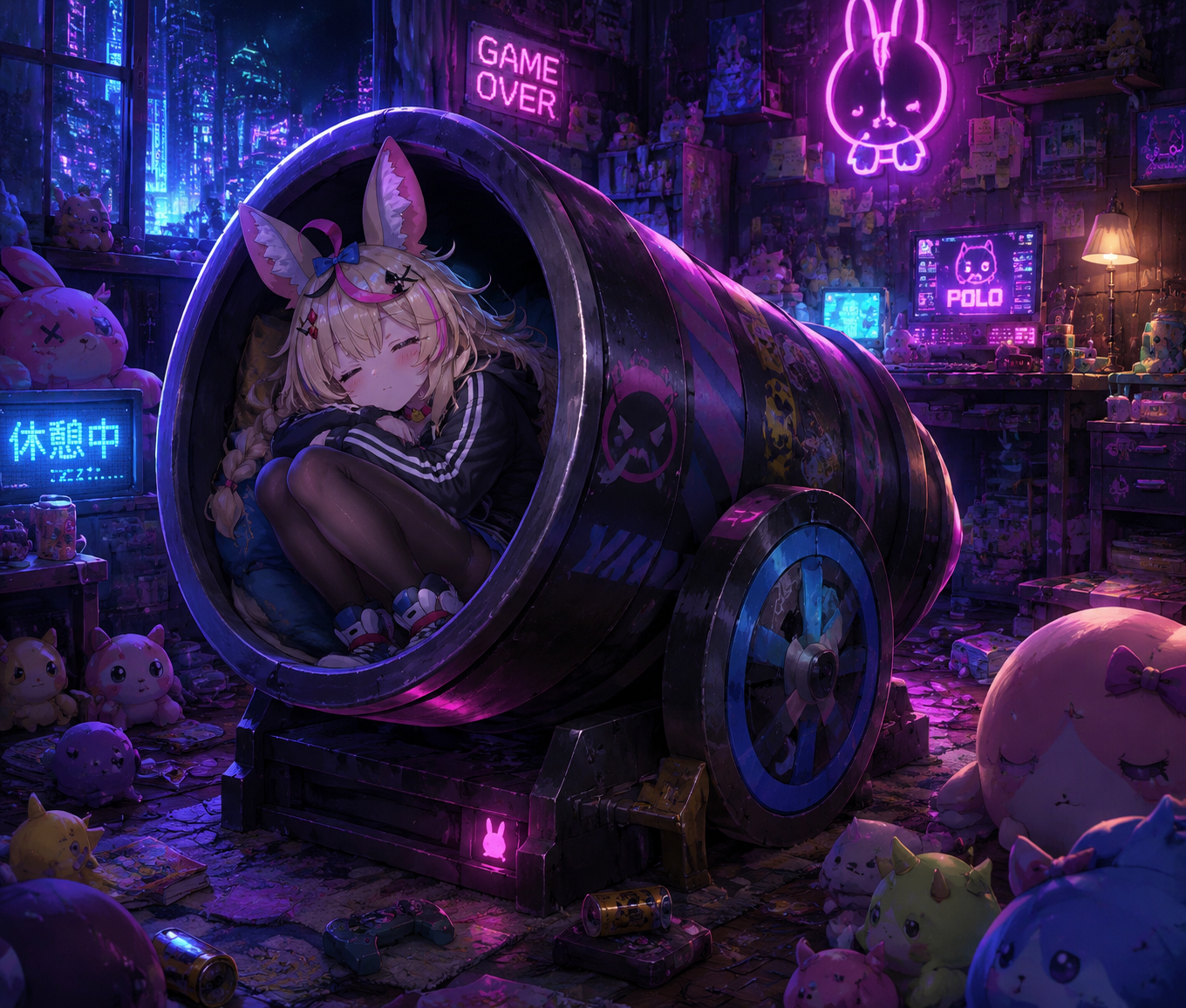 Curling up for a nap inside a prop cannon In a cluttered bedroom filled with colorful plushies (cyberpunk digital art, neon glow highlights)