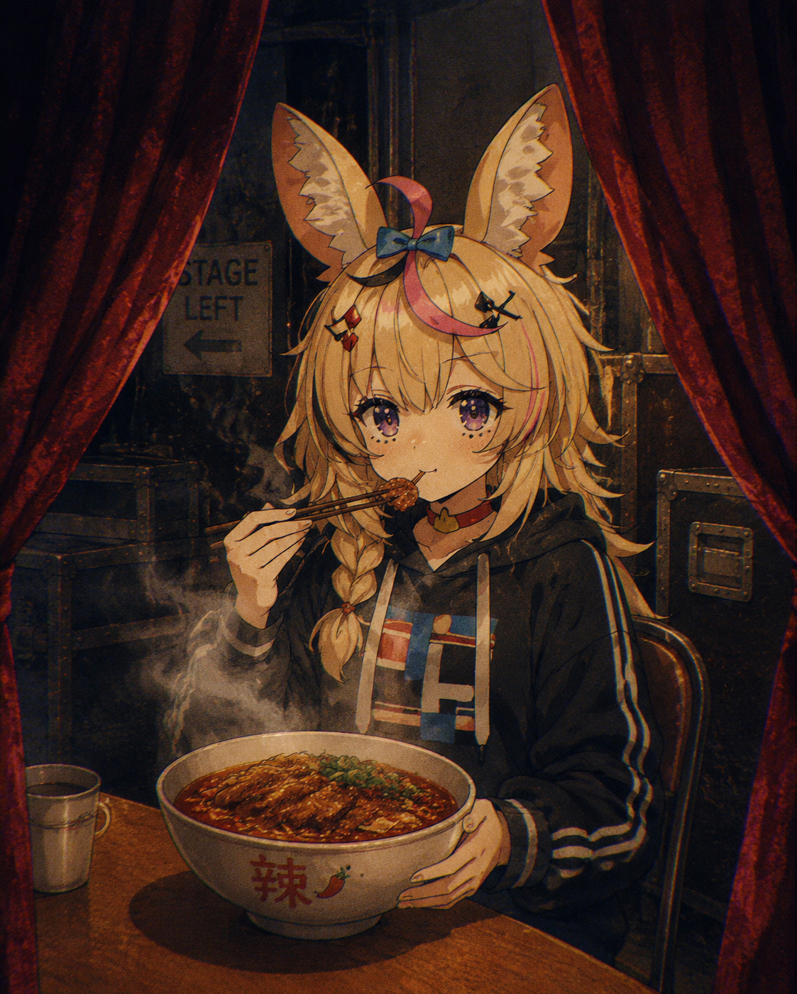 Eating a steaming bowl of spicy beef tongue Backstage behind a pair of heavy red velvet curtains (retro 90s OVA style, grainy film look)