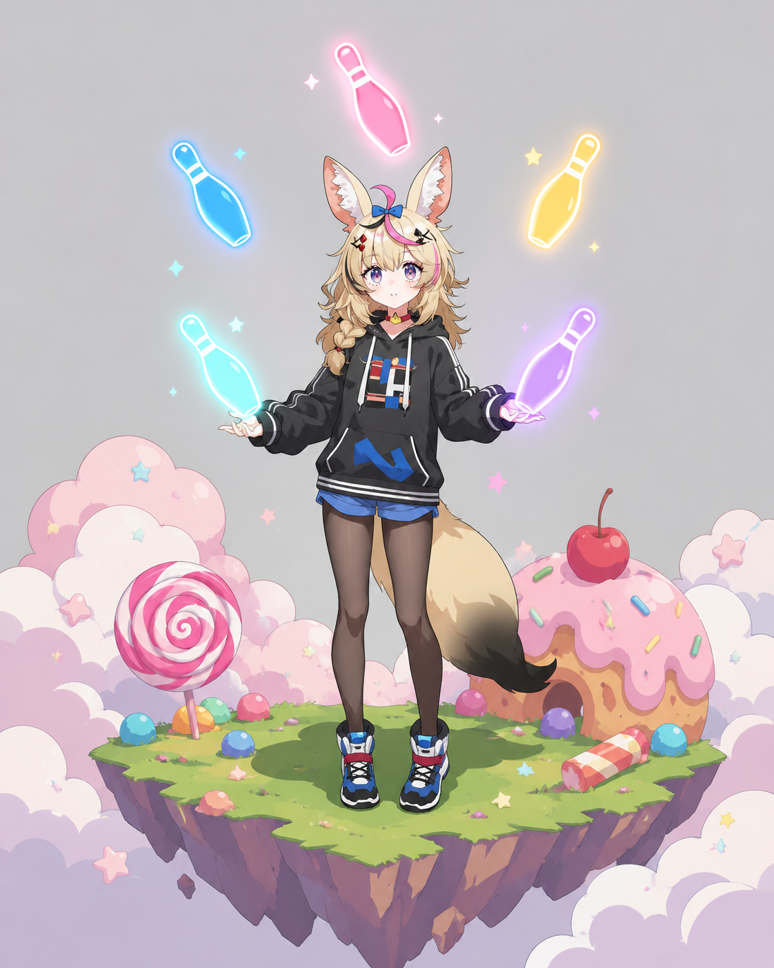 Juggling five glowing neon bowling pins On a whimsical floating island surrounded by candy clouds (clean vector illustration, minimalist cel shading)
