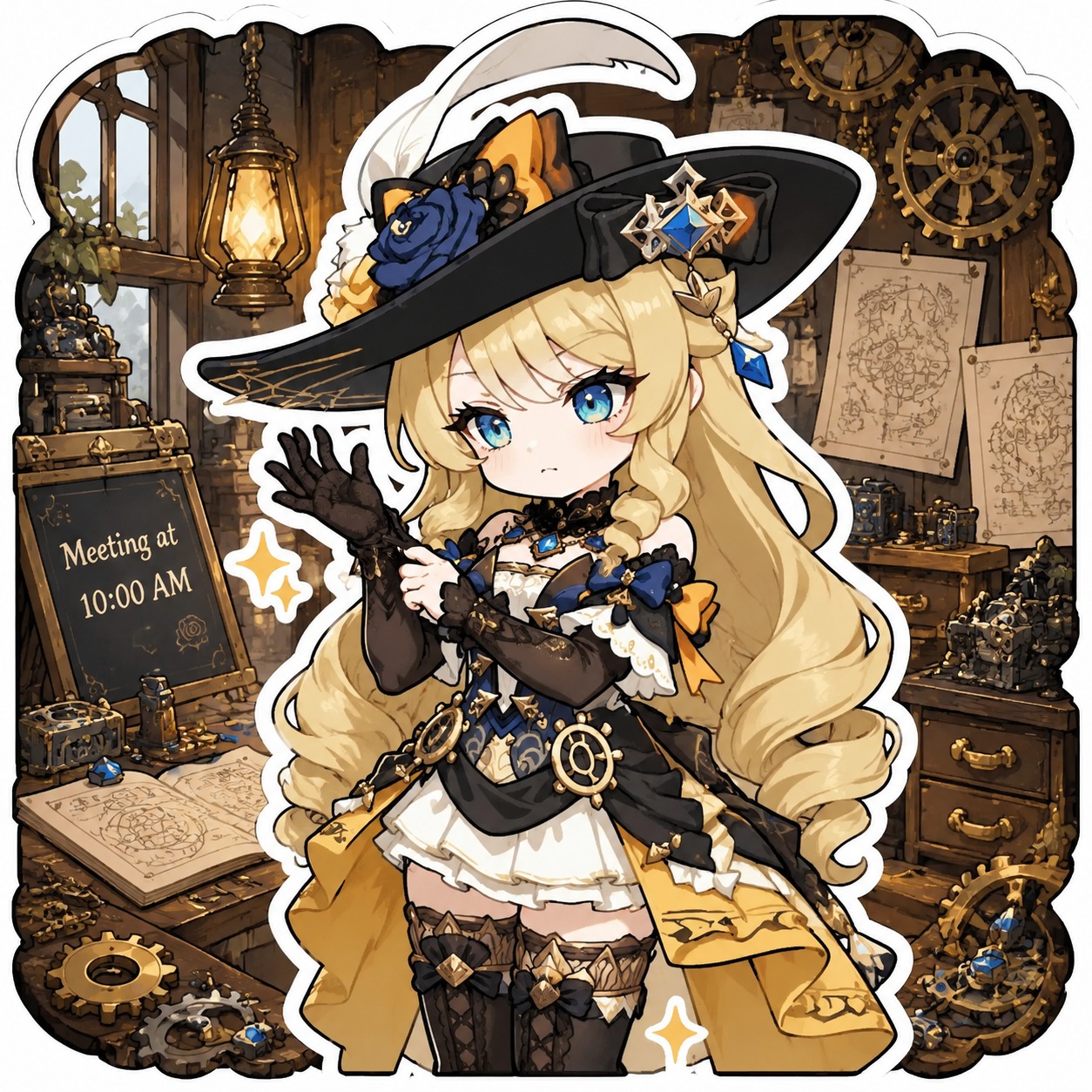 Adjusting her lace gloves before a meeting In a cluttered workshop filled with mechanical gears (chibi sticker art, thick white outlines)