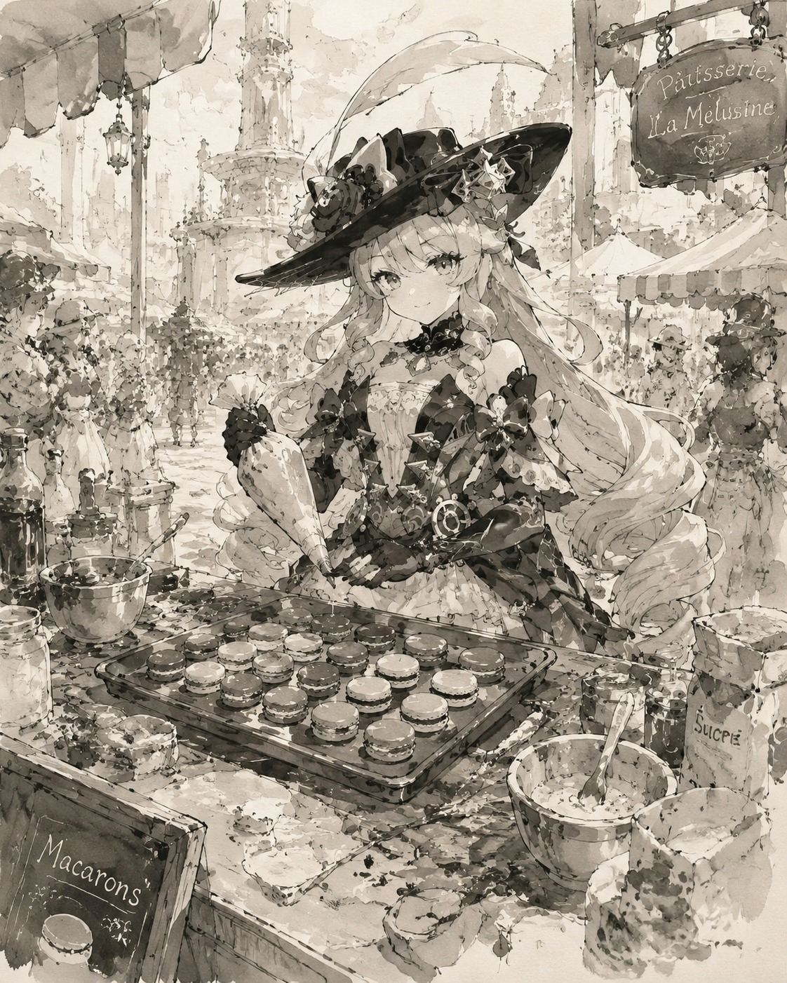 Baking colorful macarons in a messy kitchen In a bustling Fontaine marketplace at midday (ink wash sketch, minimalist monochromatic tones)