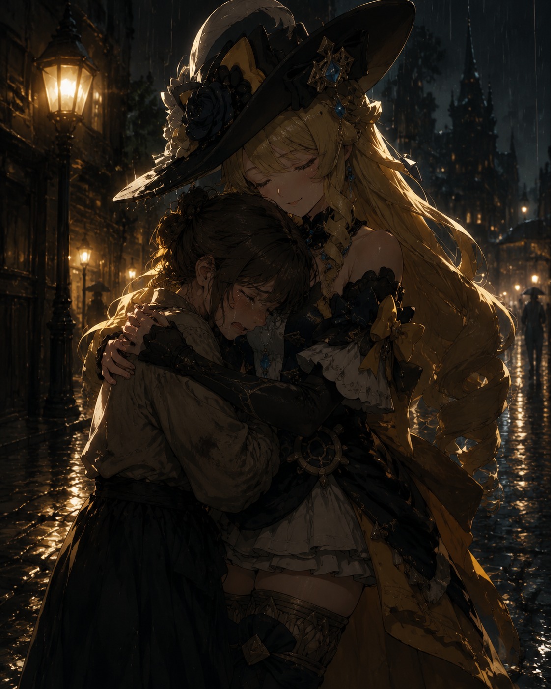 Comforting a crying citizen with a warm hug On a rainy cobblestone street under glowing lamps (cinematic noir, dramatic high-contrast shadows)