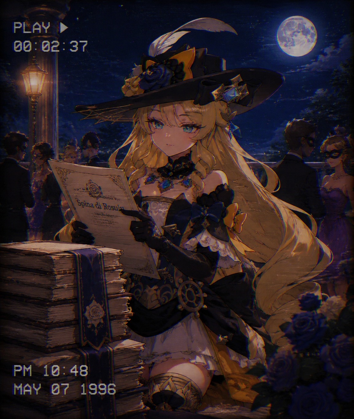Inspecting a stack of spina di rosula ledgers At a moonlit masquerade ball terrace (retro 90s aesthetic, grainy VHS filter)