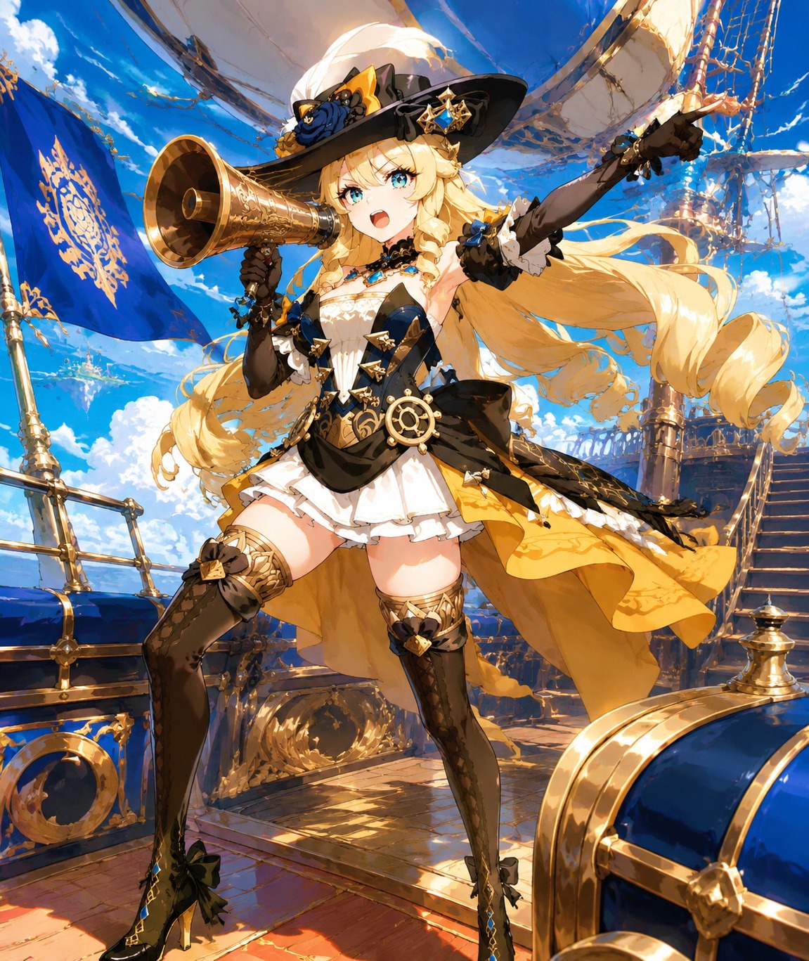 Shouting orders through a polished brass megaphone On the deck of a soaring luxury airship (vibrant cel-shaded, bold saturated colors)