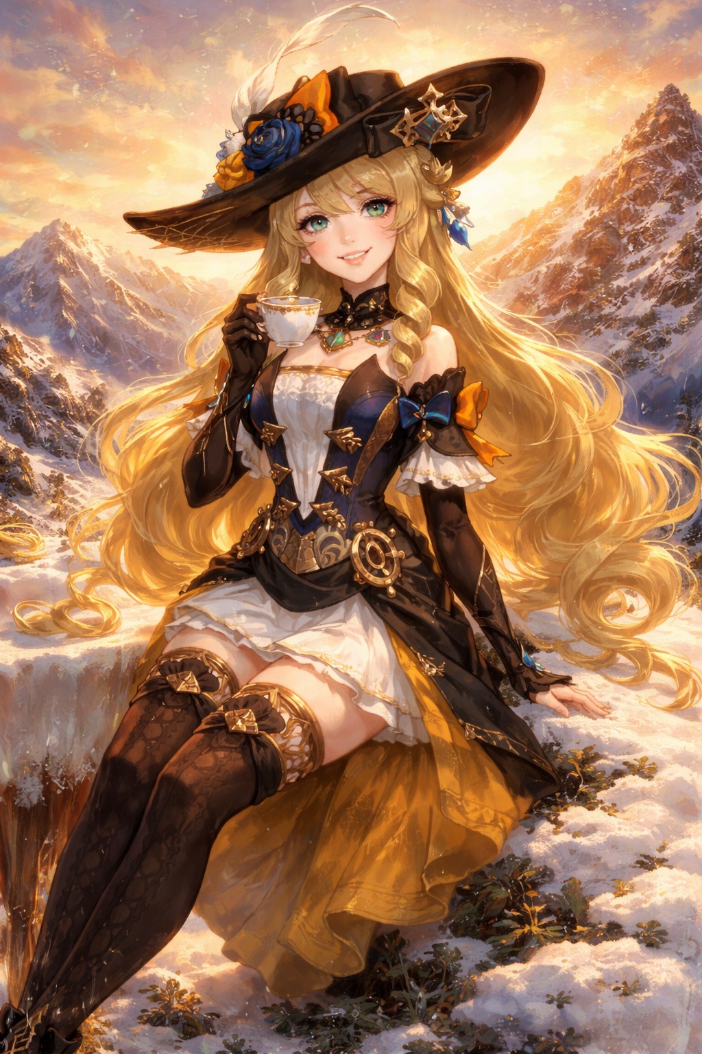 Sipping afternoon tea with a bright smile At a snowy mountain peak during a golden sunset (ethereal oil painting, thick textured brushstrokes)