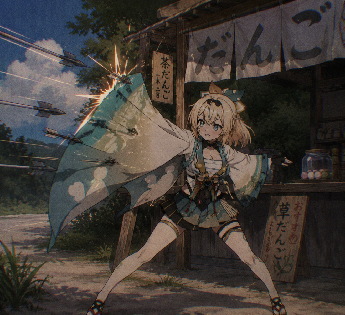 Deflecting flying projectiles with her sheath At a humble roadside dango stall (retro 90s anime aesthetic, grainy film texture)