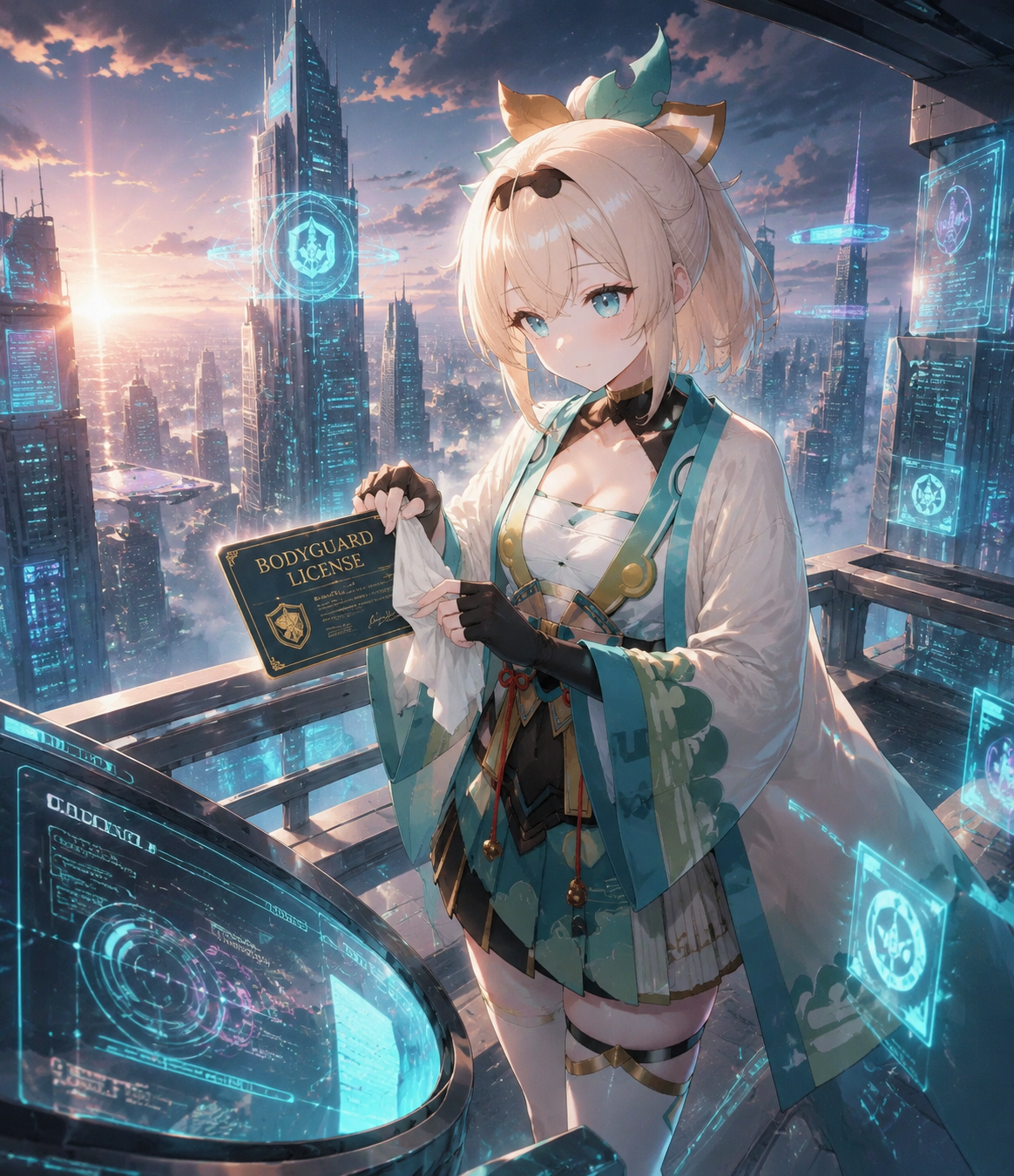 Dusting her bodyguard license with a soft cloth On a high-tech holographic skyscraper balcony (cinematic fantasy concept art, sweeping epic scale)