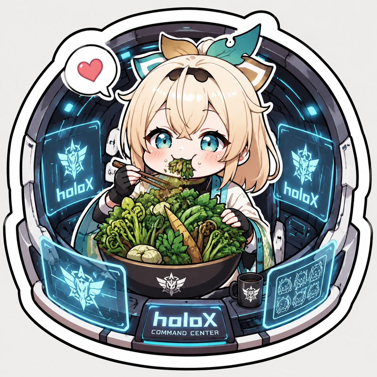 Eating a massive bowl of mountain vegetables In a futuristic holoX command center pod (cute chibi sticker art, thick outlines)