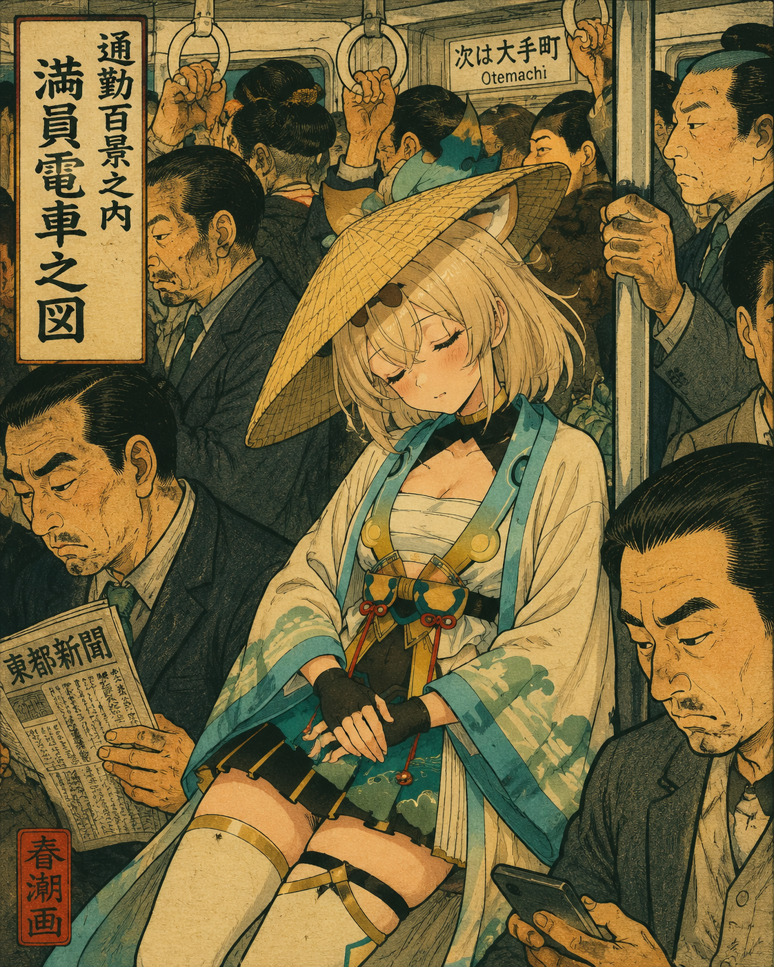 Napping under the shade of a straw hat On a crowded subway train during rush hour (vibrant ukiyo-e woodblock print style)