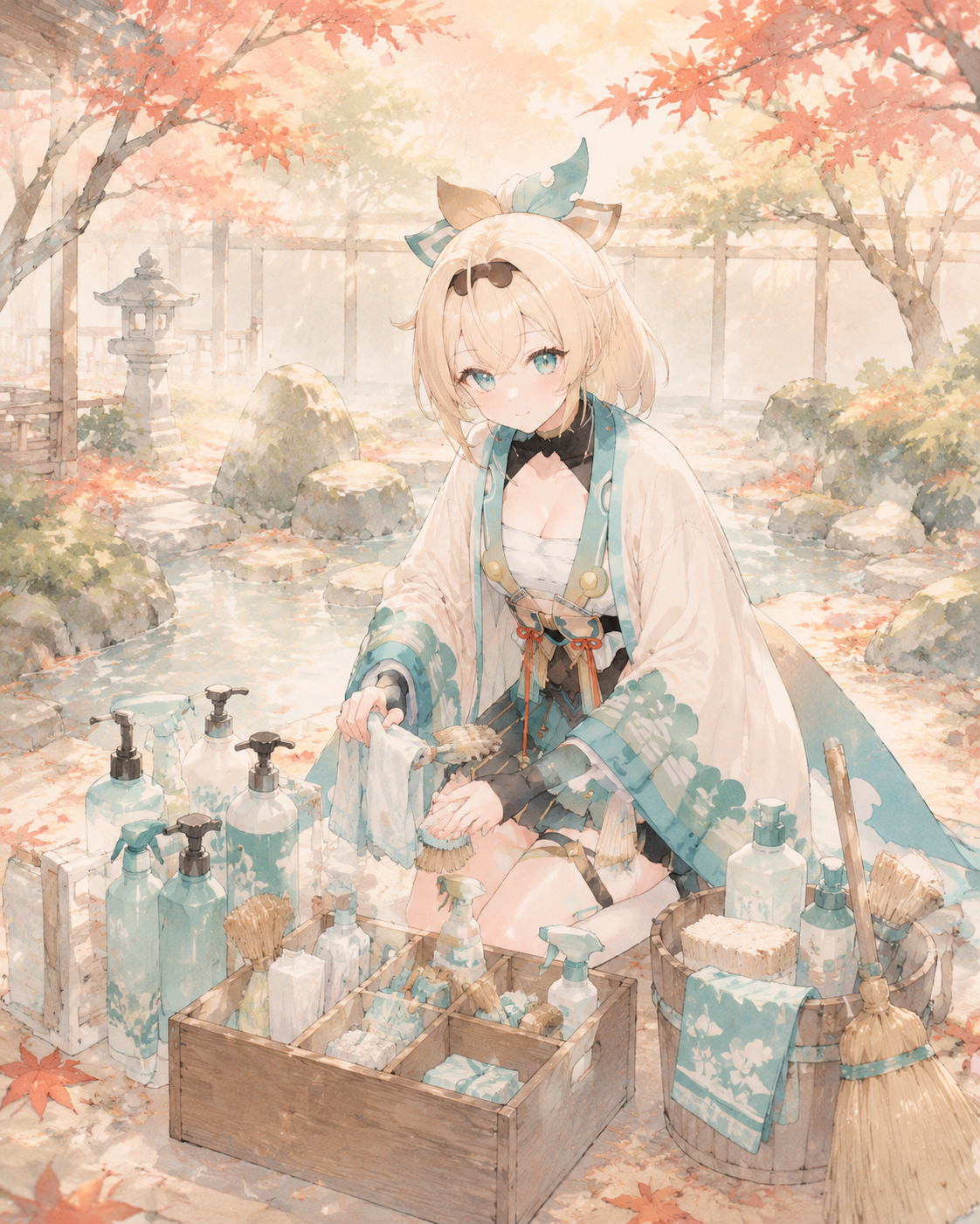Organizing her collection of cleaning supplies In a tranquil Zen garden during autumn (ethereal watercolor, soft brushstrokes and pastel tones)