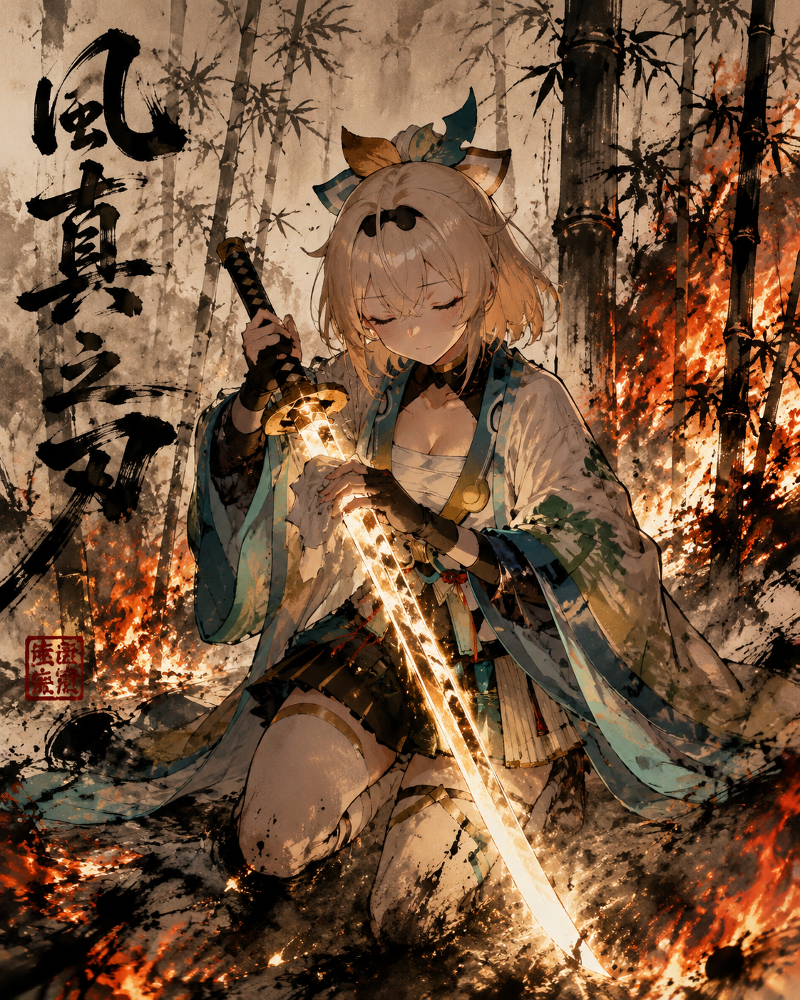 Polishing her signature katana until it glows At the center of a burning bamboo forest (dramatic ink wash, bold calligraphy strokes)
