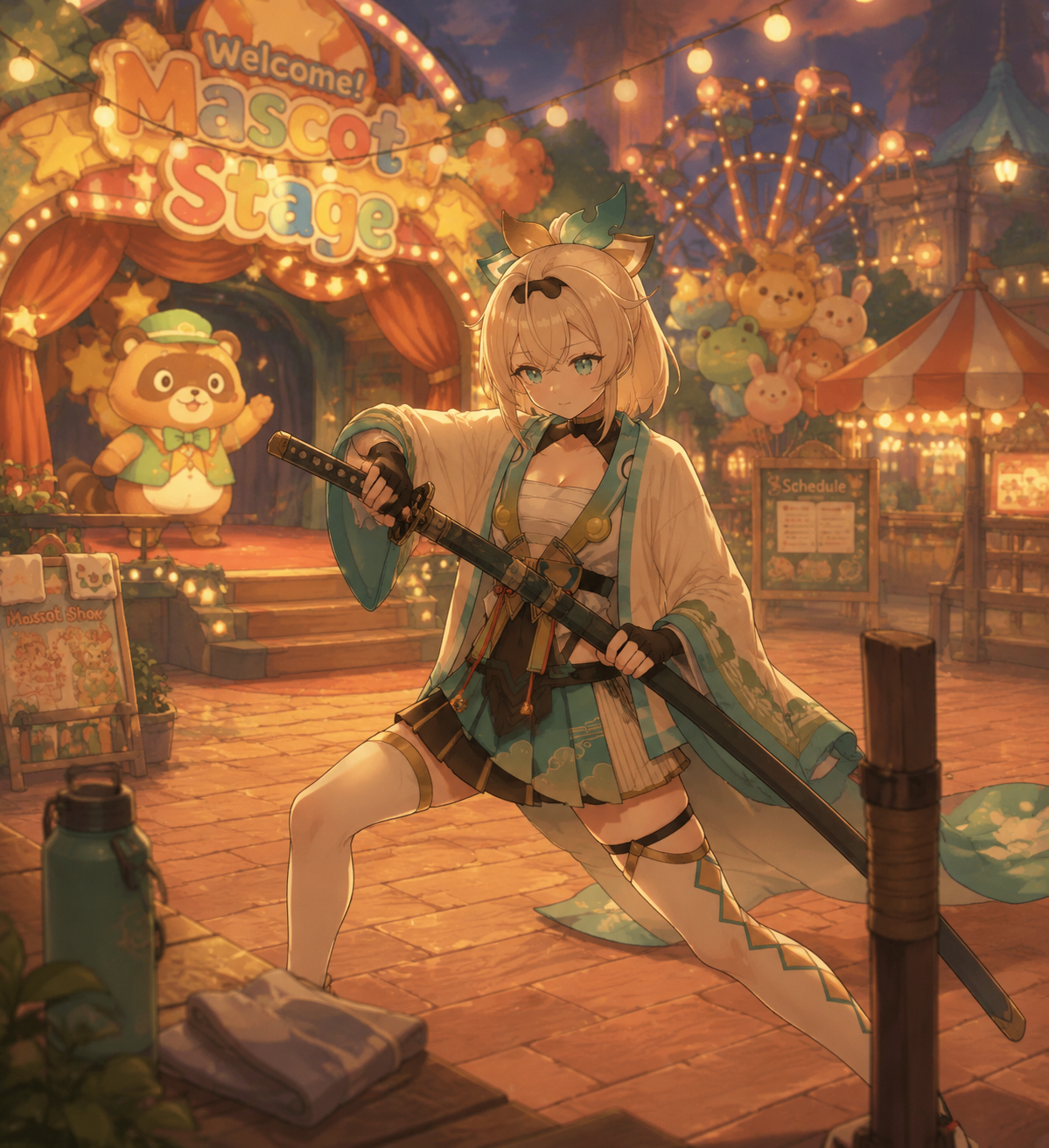 Practicing iaido with a heavy training sword At a colorful amusement park near the mascot stage (cozy lo-fi illustration, warm interior lighting)