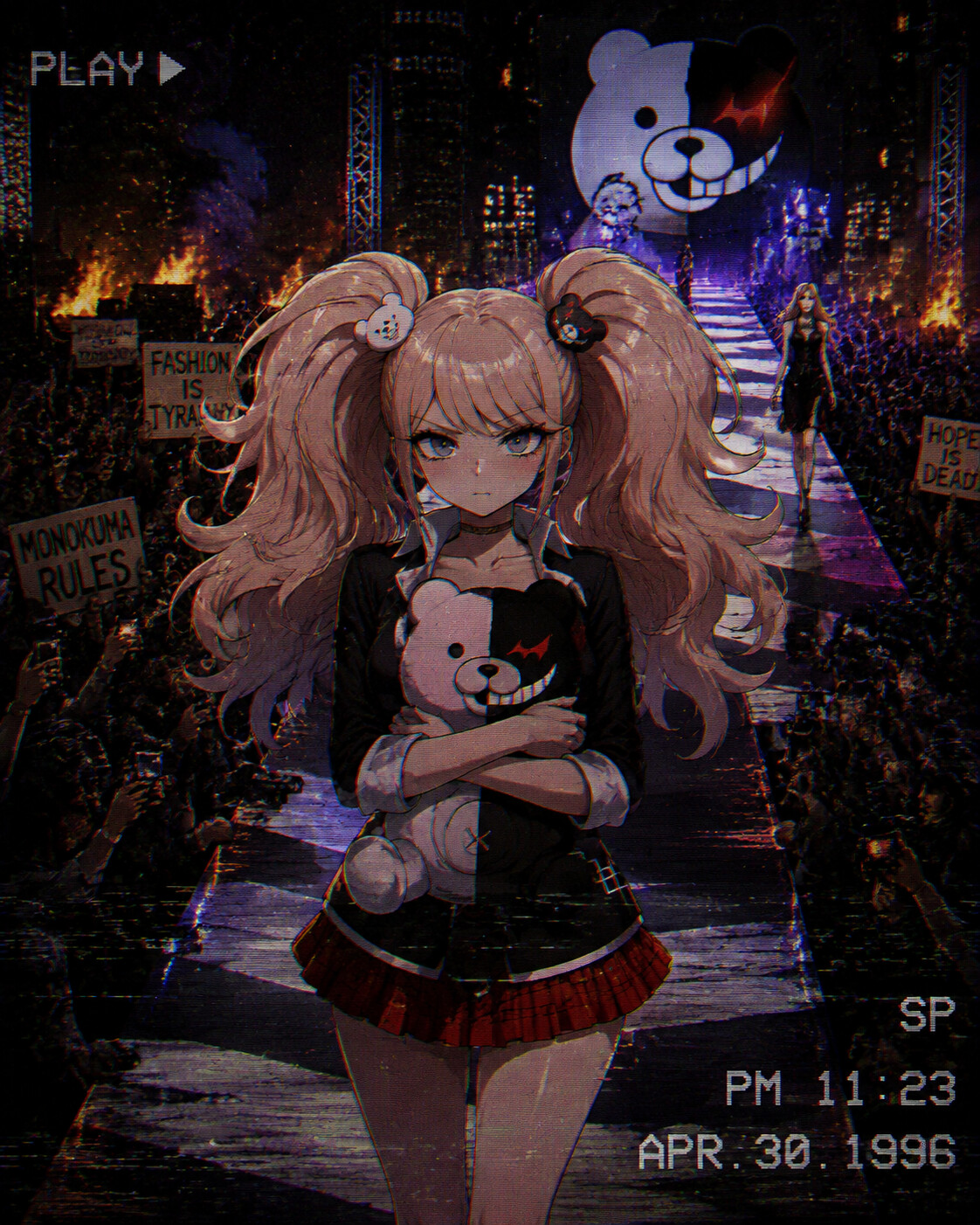 Clutching a Monokuma plushie to her chest at a chaotic fashion show during a global riot (retro 90s anime aesthetic)