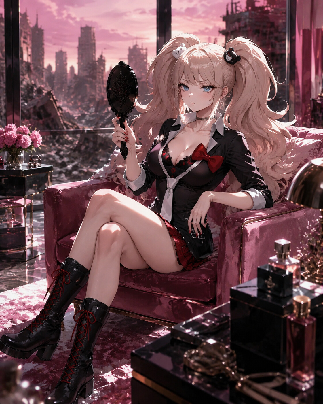 Staring bored into a handheld mirror in a luxurious pink penthouse overlooking a ruined world (high-end fashion editorial photography)