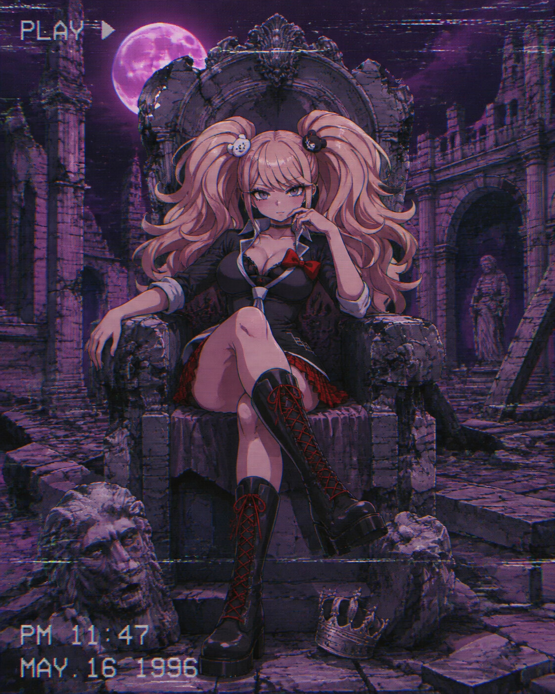 Striking a dramatic high-fashion pose on a crumbling throne in a desolate courtyard (retro 90s anime aesthetic)