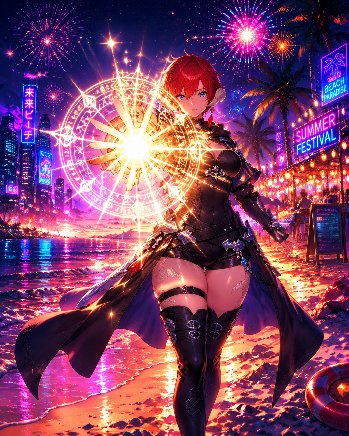Casting a blinding holy spell On a golden beach during a summer festival (cyberpunk neon glow, synthwave palette)