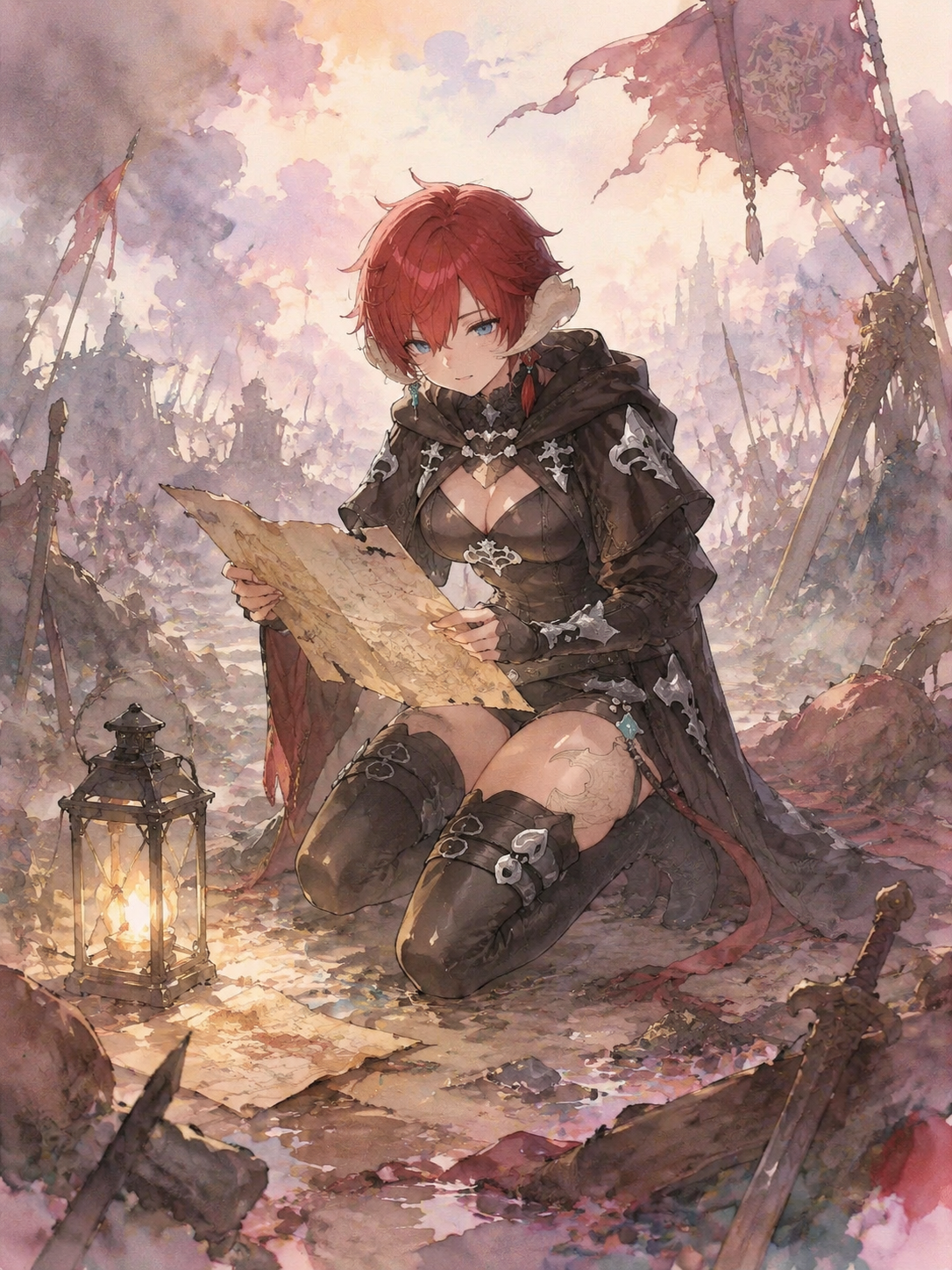 Checking a tattered map under a lantern At the center of a chaotic battlefield (soft pastel watercolor, whimsical aesthetic)