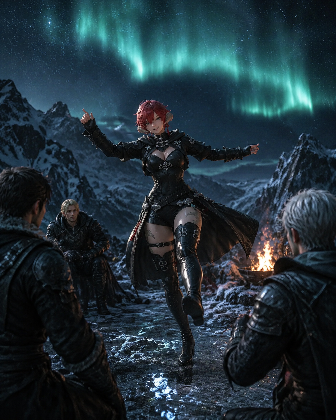 Dancing a clumsy jig for a group On frozen peaks under an aurora borealis (gritty photorealistic CGI, cinematic lighting)