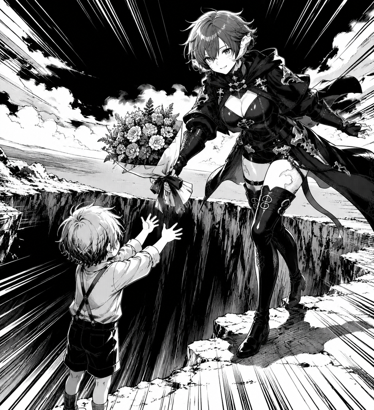 Handing a bouquet of flowers to a child At the edge of a bottomless void (high-contrast manga ink, bold speed lines)