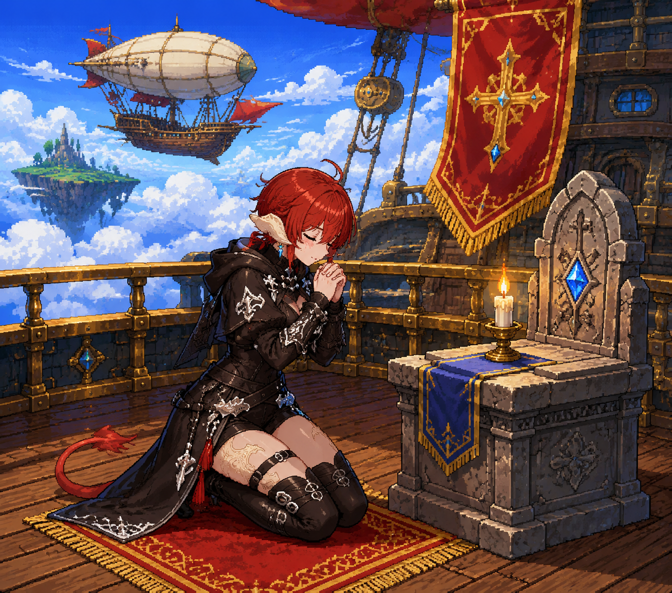Kneeling in prayer before a stone altar On the deck of a soaring airship (16-bit pixel art, vibrant colors)