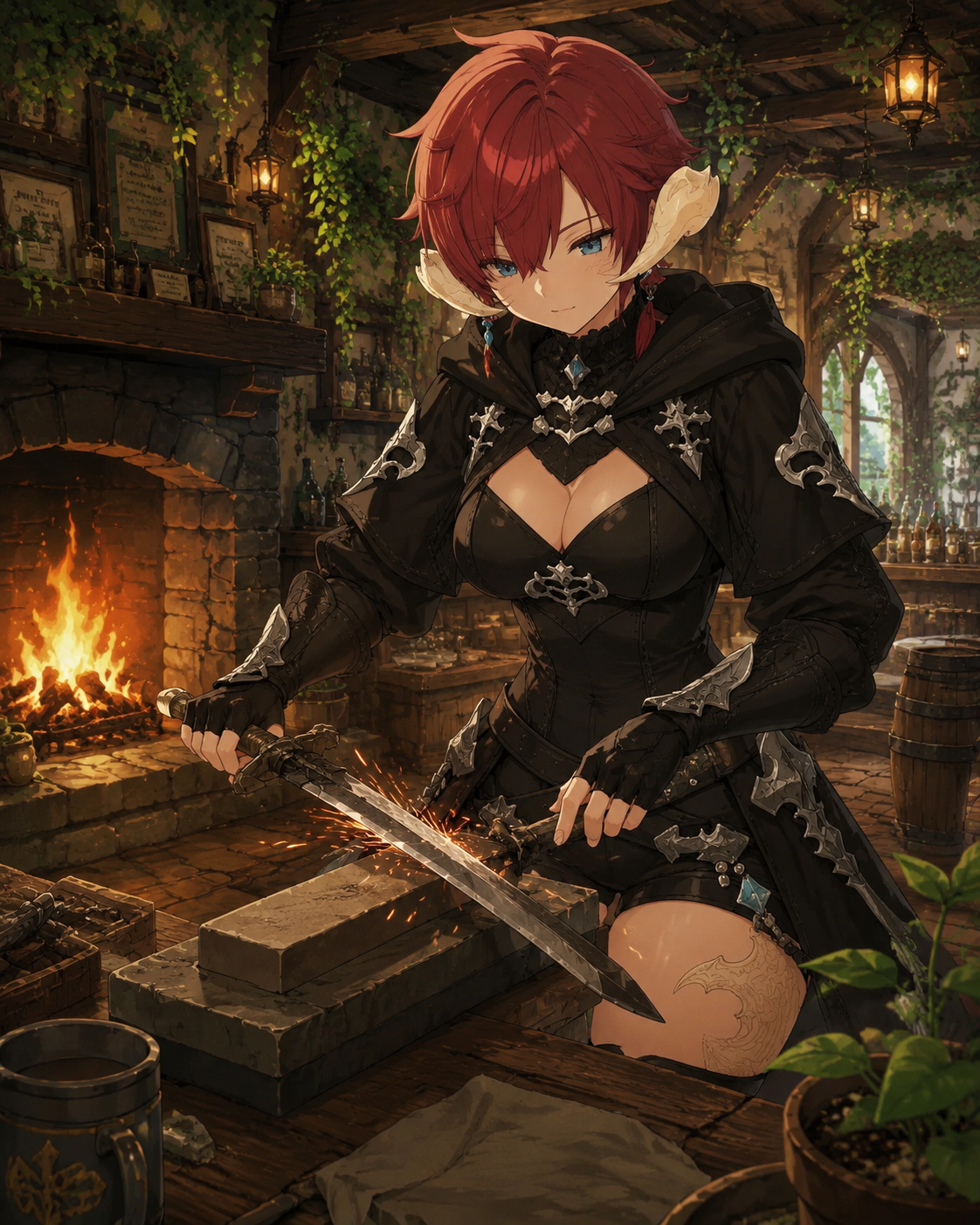 Sharpening a weathered steel blade In a cozy tavern by a roaring fireplace (Ghibli-inspired cel shading, lush greenery)