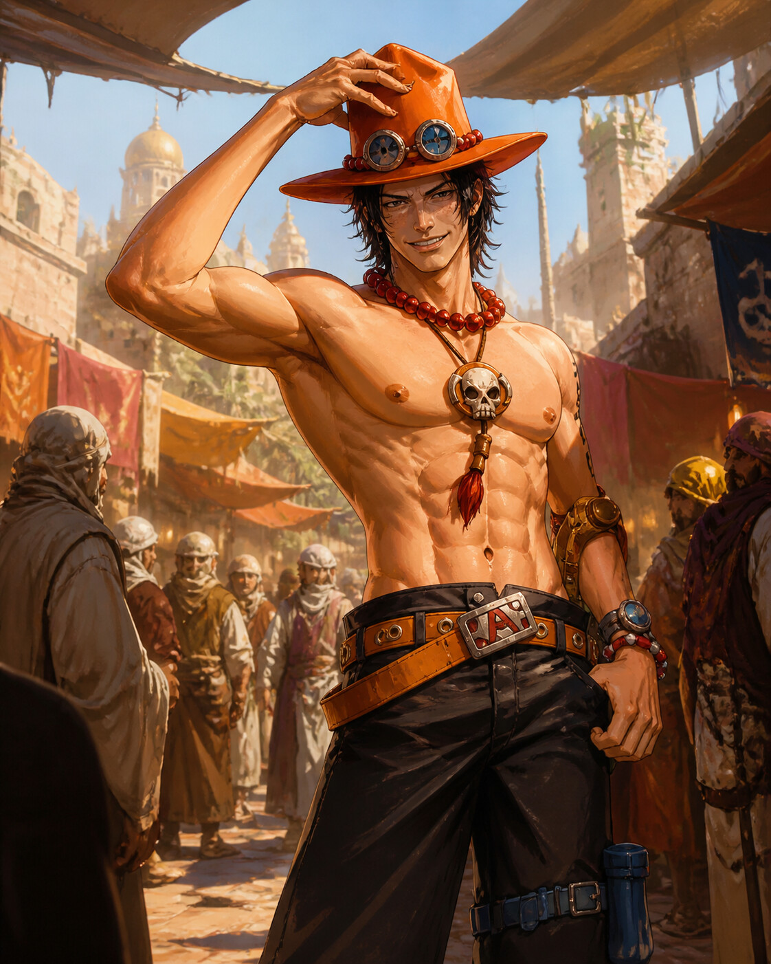 Adjusting his orange hat and grinning confidently at a bustling desert bazaar in Alabasta (detailed semi-realistic digital painting)