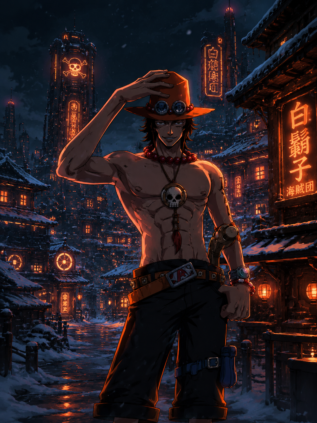 Adjusting his orange hat and grinning confidently In a snowy village during a silent winter night (cyberpunk aesthetic, neon orange glows and shadows)