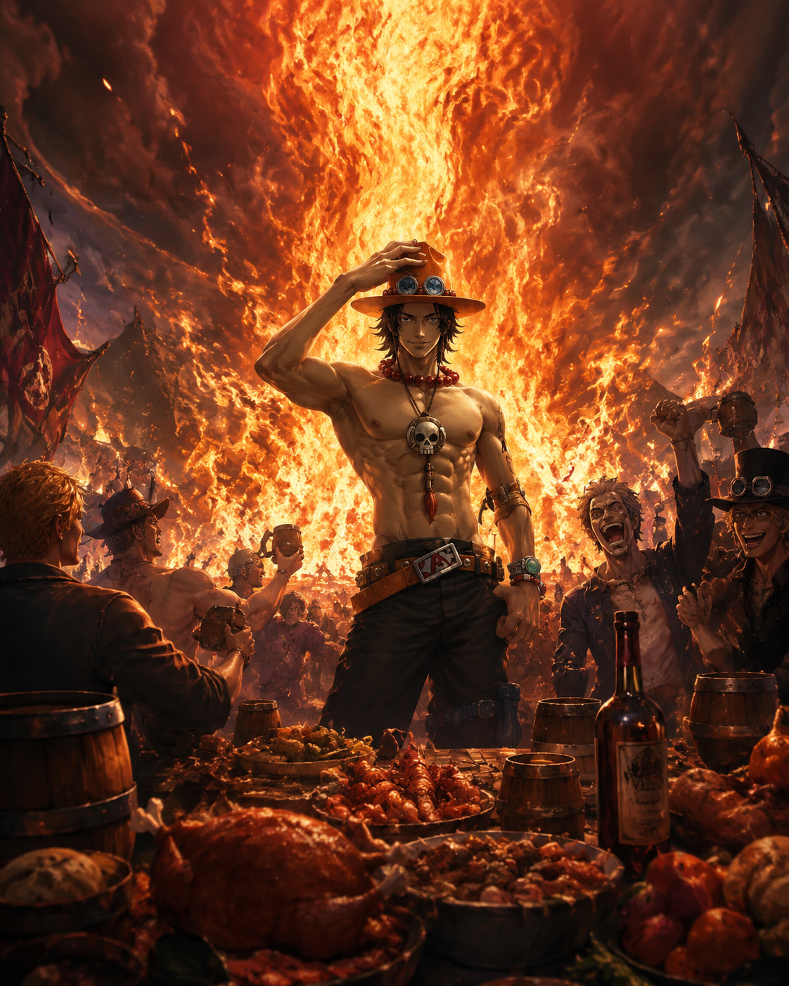 Engulfing the battlefield in a massive fire pillar At a lively banquet filled with food and laughter (detailed semi-realistic digital painting, cinematic lighting)