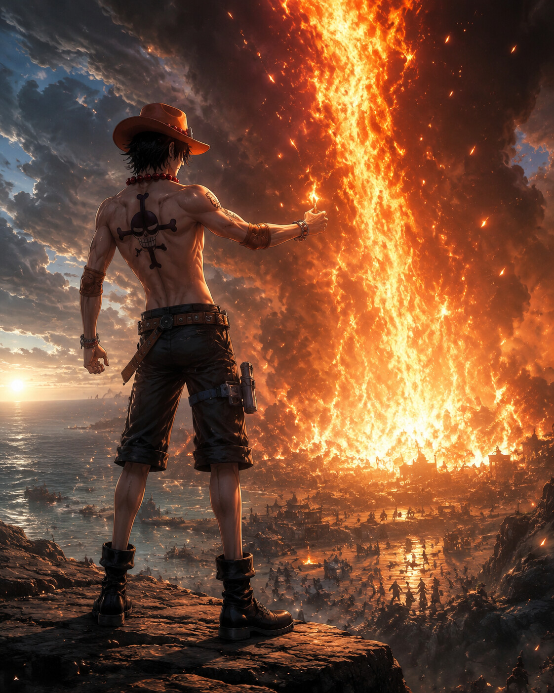 Engulfing the battlefield in a massive fire pillar at the edge of a high cliff overlooking the sea (detailed semi-realistic digital painting)