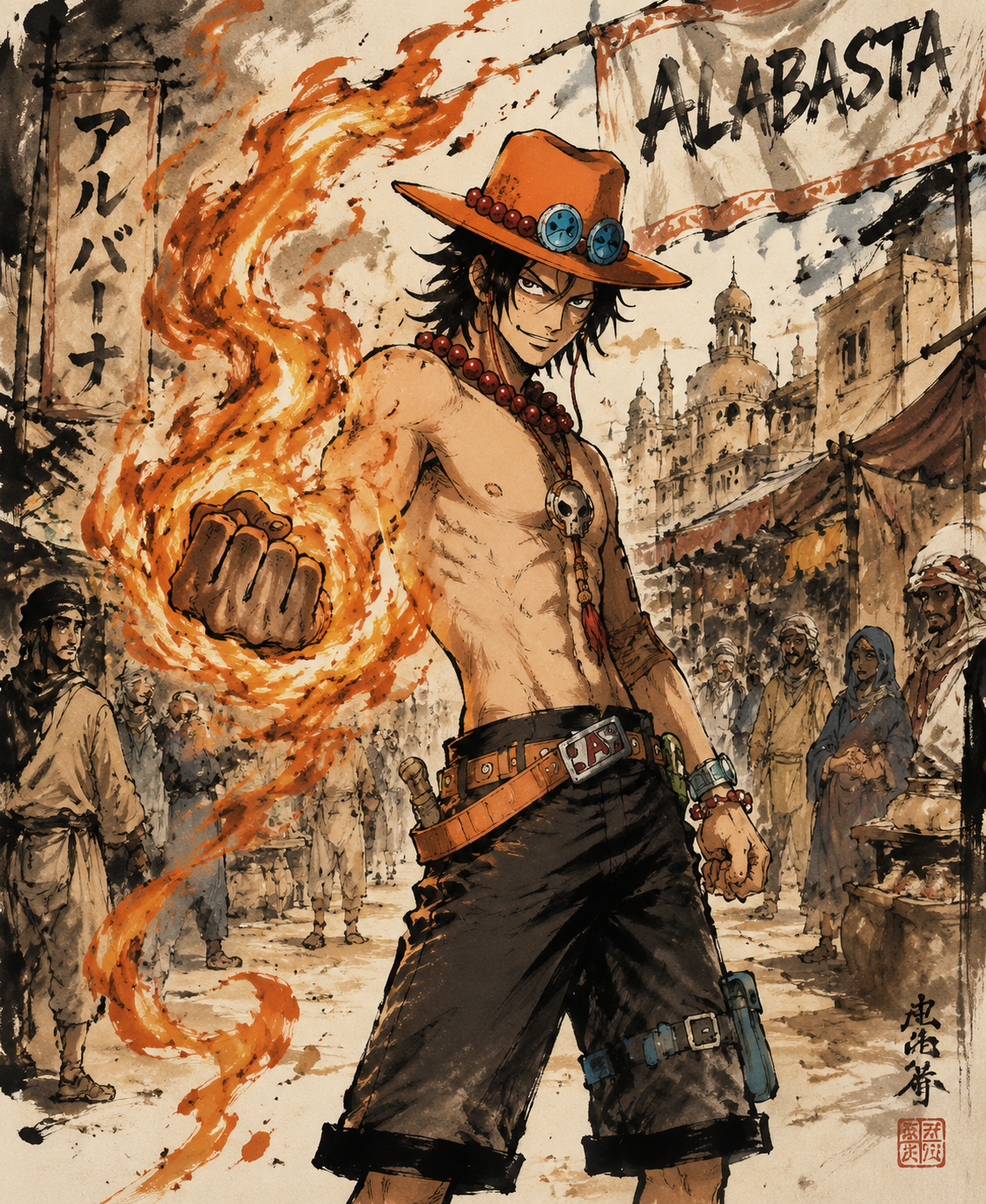 Igniting his fist with swirling orange flames At a bustling desert bazaar in Alabasta (gritty ink wash, traditional Japanese brushstrokes)