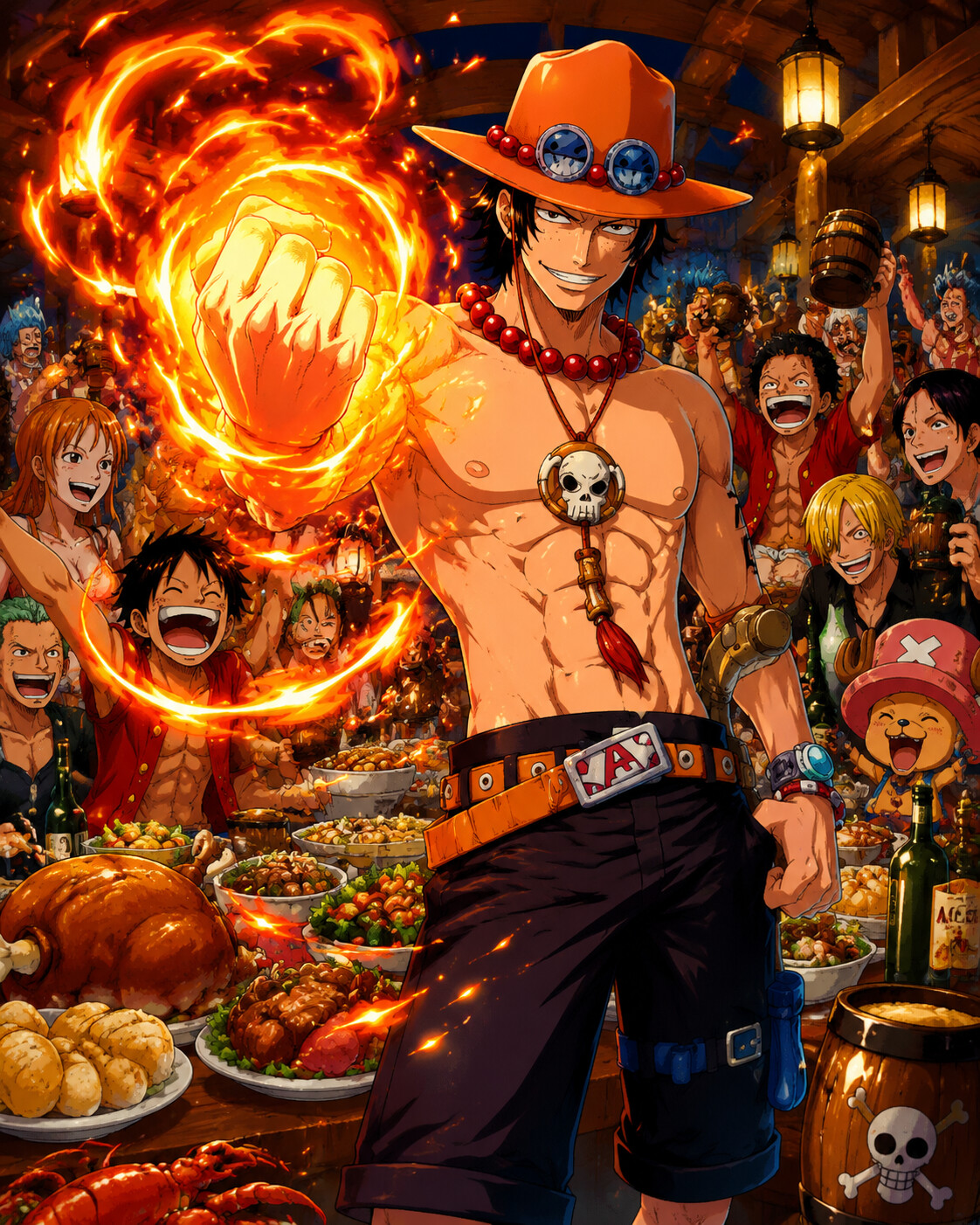 Igniting his fist with swirling orange flames at a lively banquet filled with food and laughter (vibrant shonen anime)