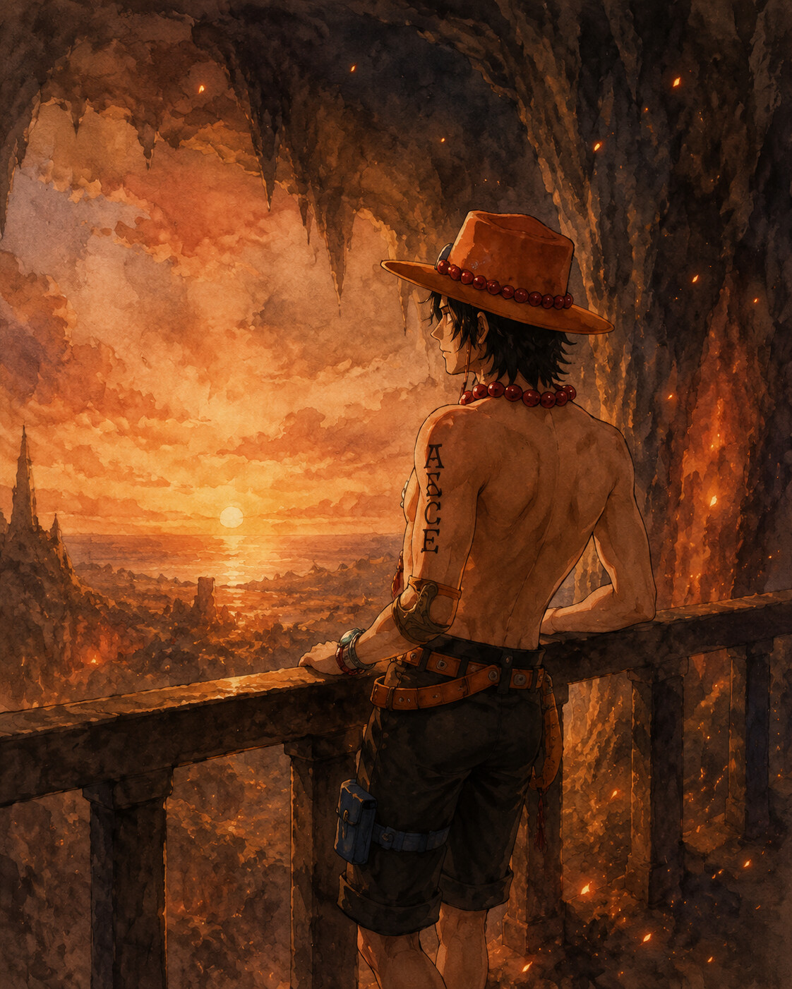 Leaning against a railing while looking at the horizon in a dark cavern illuminated by flickering embers (soft watercolor illustration)