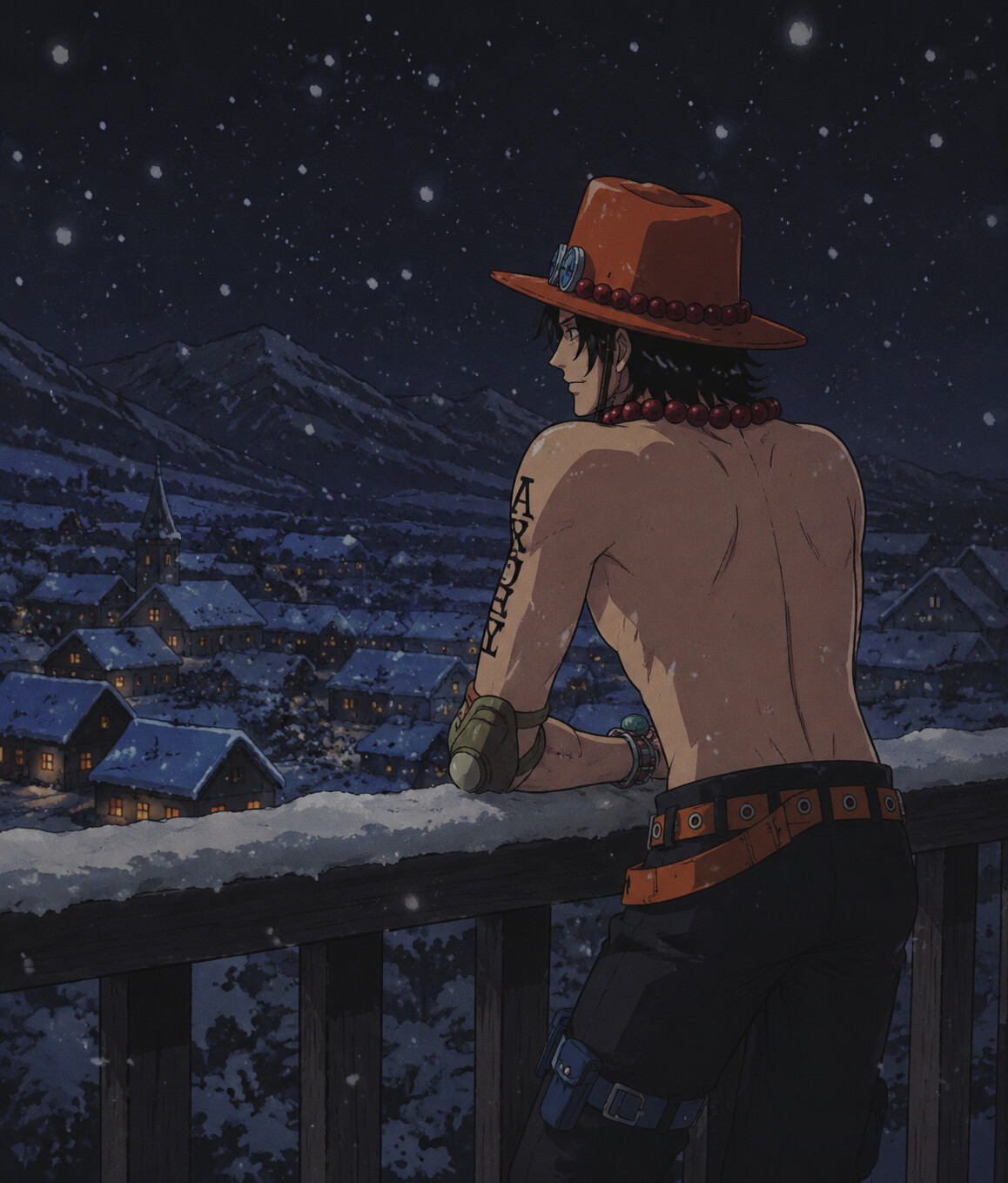 Leaning against a railing while looking at the horizon in a snowy village during a silent winter night (retro 90s anime style)