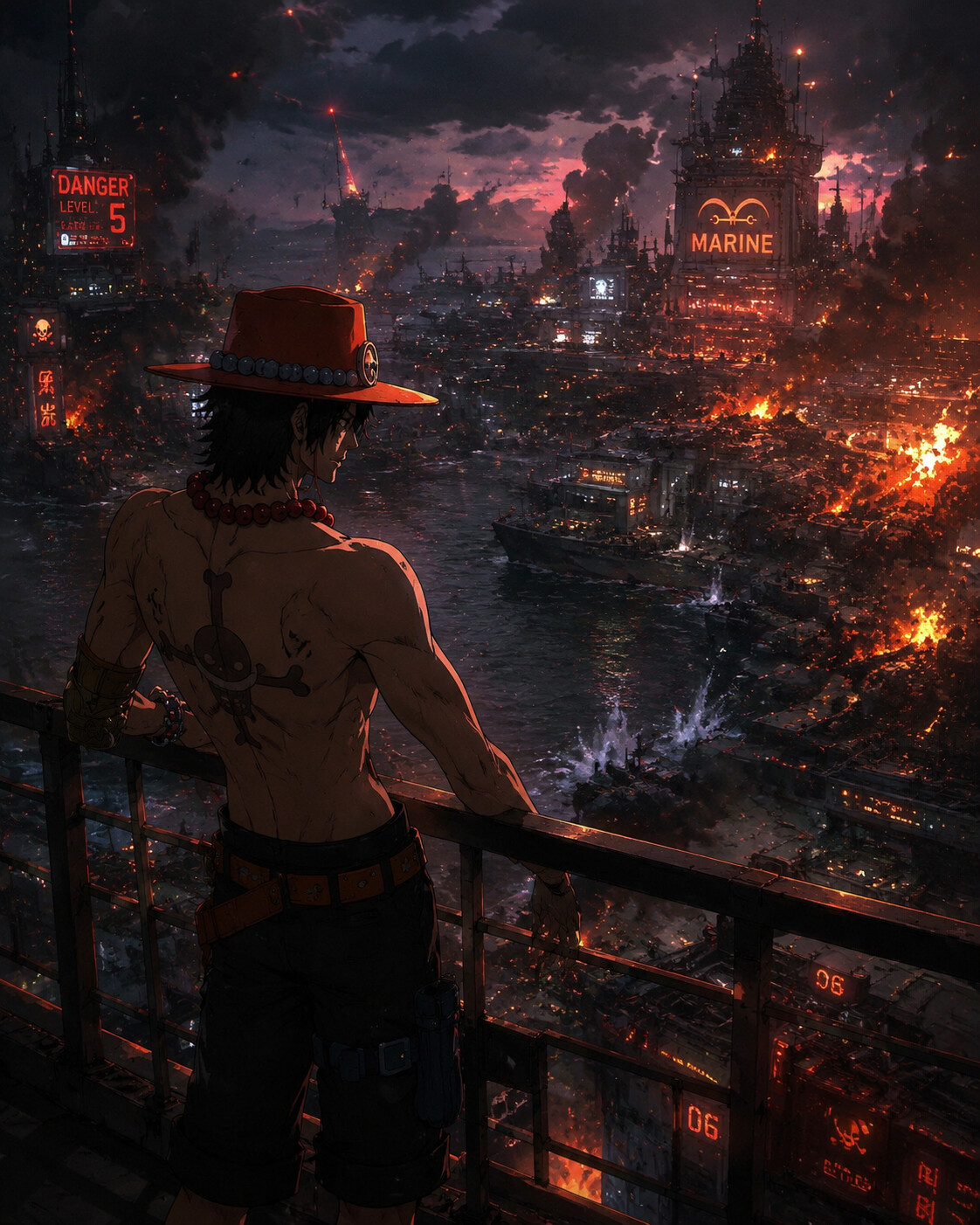 Leaning against a railing while looking at the horizon in the middle of a chaotic marine base battle (cyberpunk aesthetic)