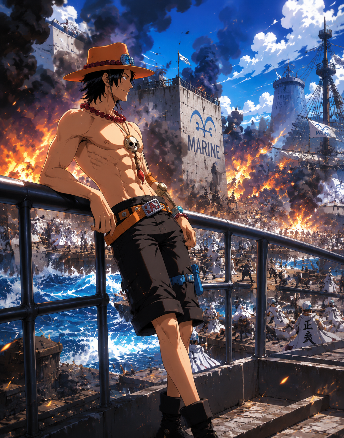 Leaning against a railing while looking at the horizon In the middle of a chaotic marine base battle (vibrant shonen anime, high contrast lighting)