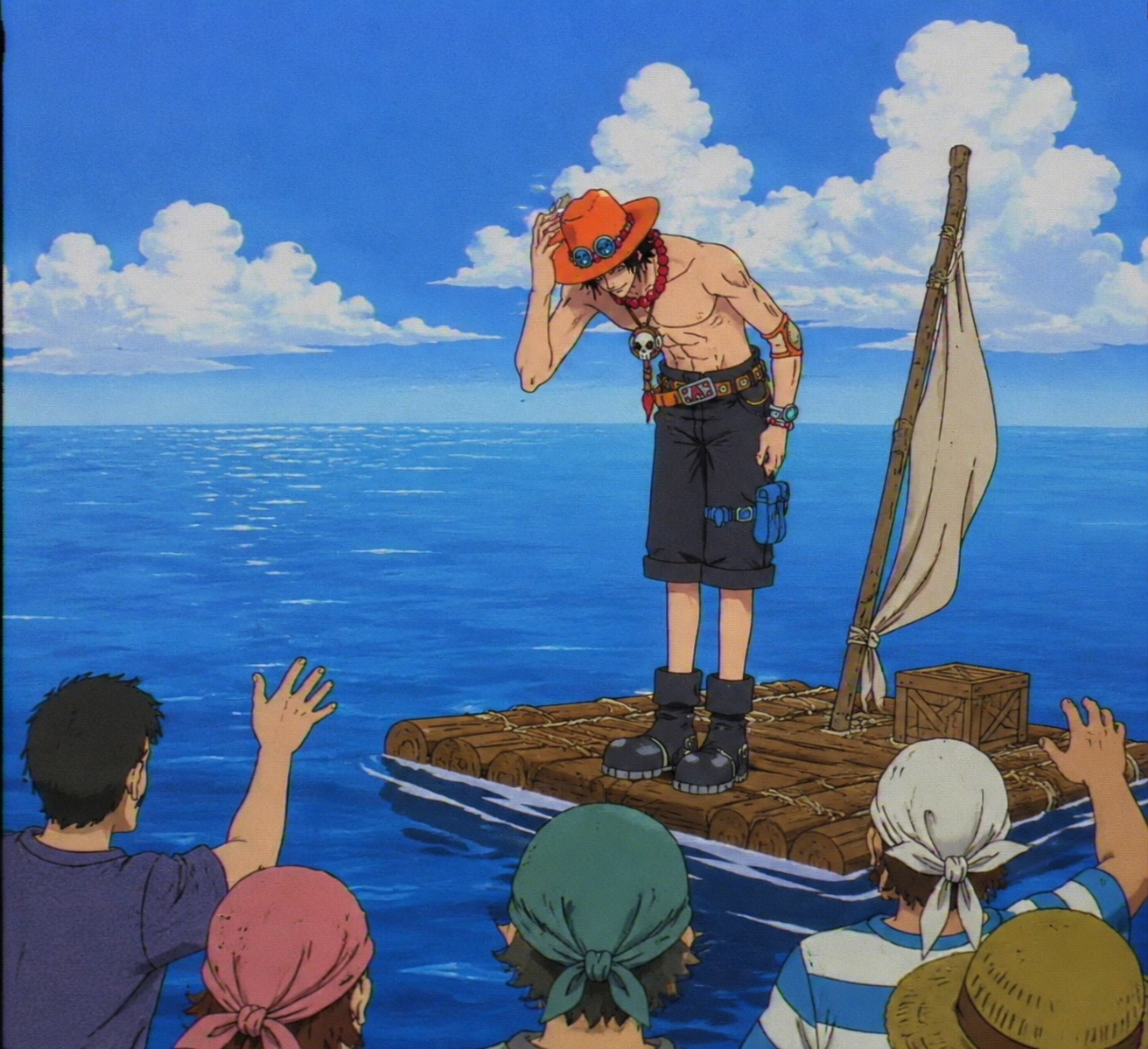 Politely bowing to a group of strangers On a small raft drifting through a calm ocean (retro 90s anime style, lo-fi aesthetic)