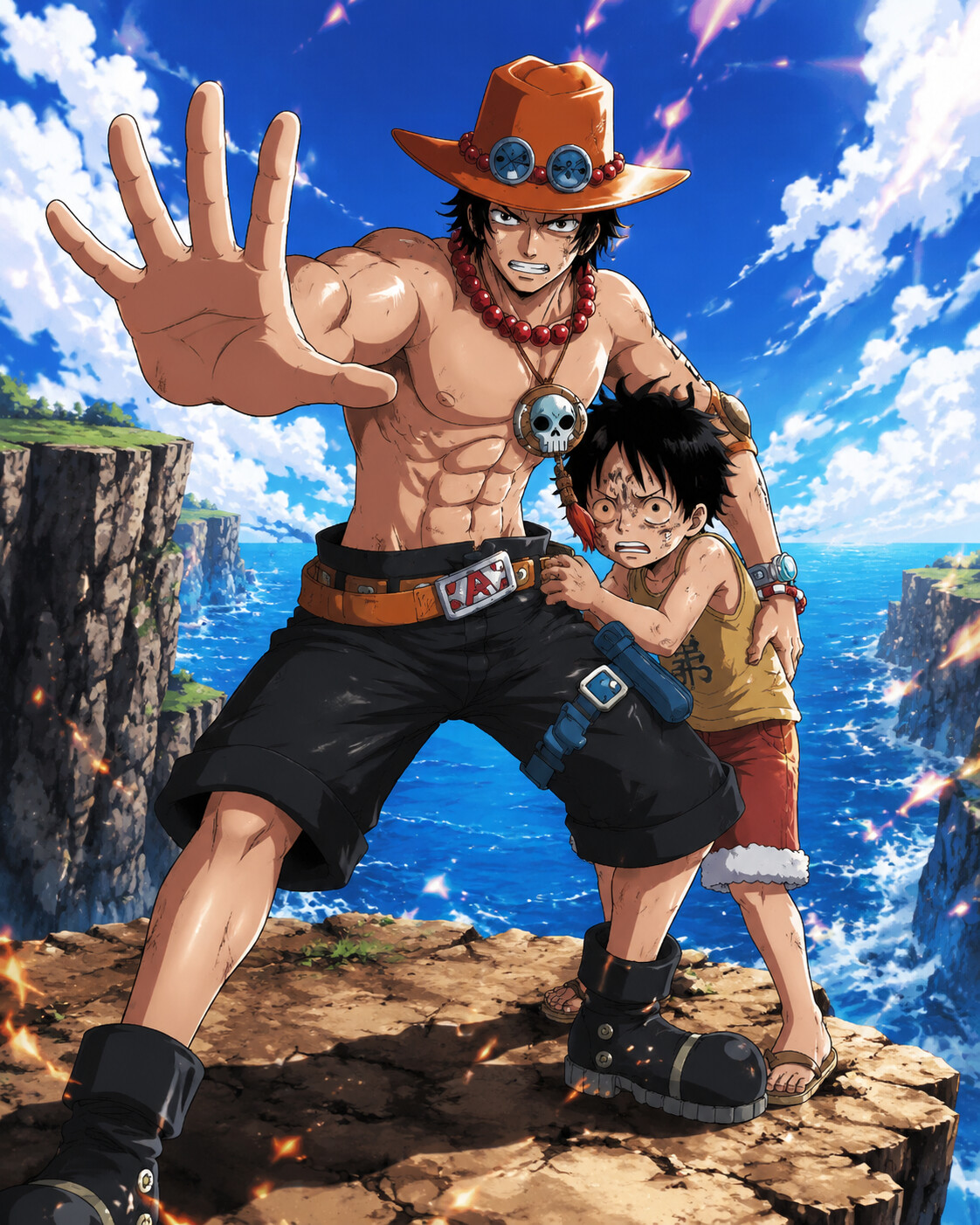 Protecting his younger brother with a fierce look at the edge of a high cliff overlooking the sea (vibrant shonen anime)