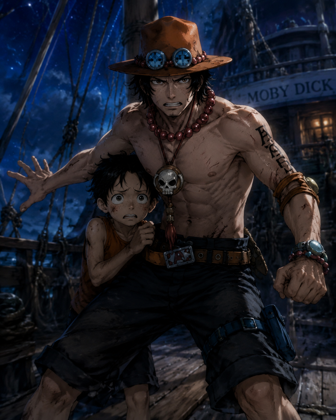 Protecting his younger brother with a fierce look On the deck of the Moby Dick under starlight (detailed semi-realistic digital painting, cinematic lighting)